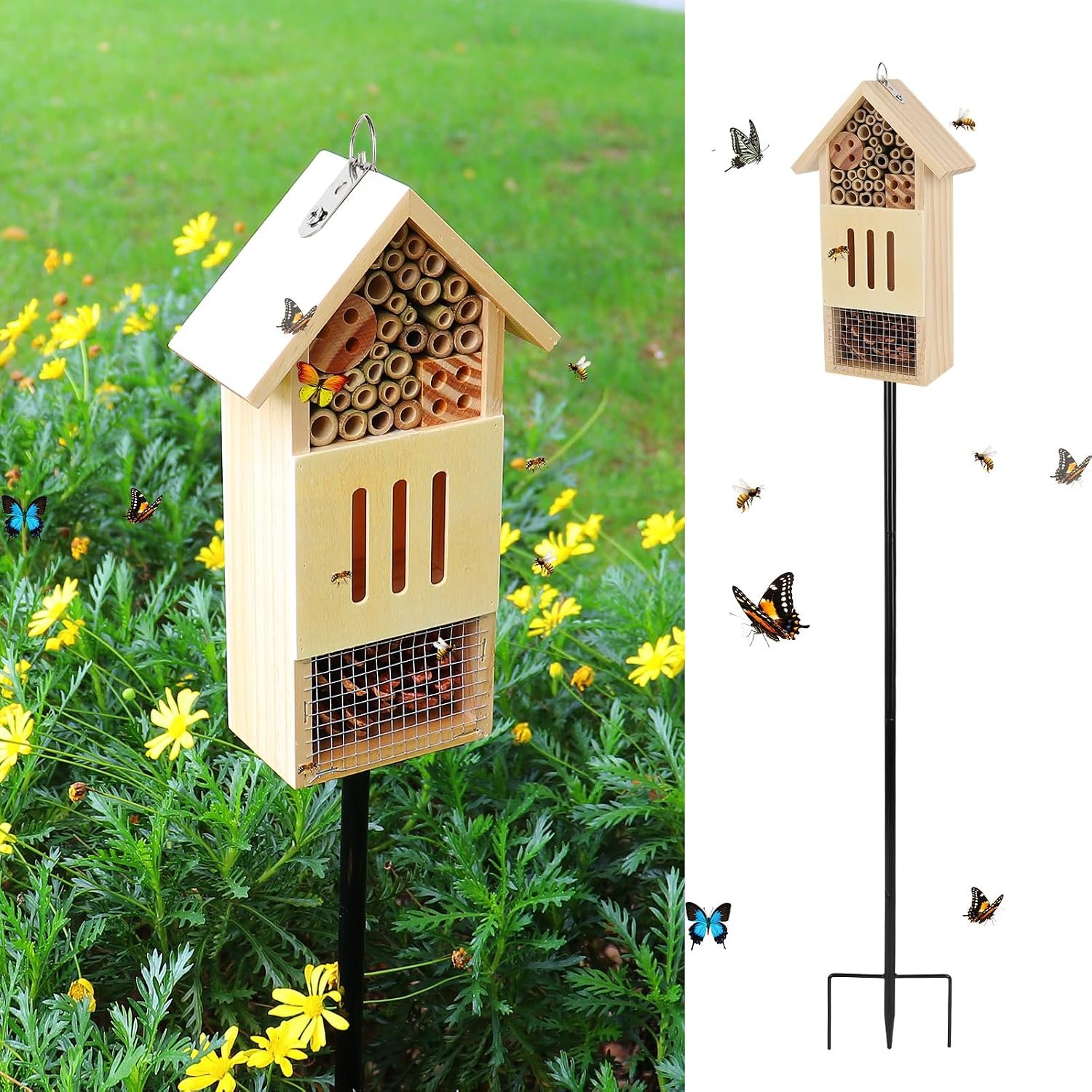 Wooden Insect House, Bee House with Metal Stake for Garden, Natural Ladbugs Habitat & Butterfly Hotel on The Ground or Hanging on Tree Wall (Pine, 4.13″x2.56″ x10.63″, 32” H Stake)