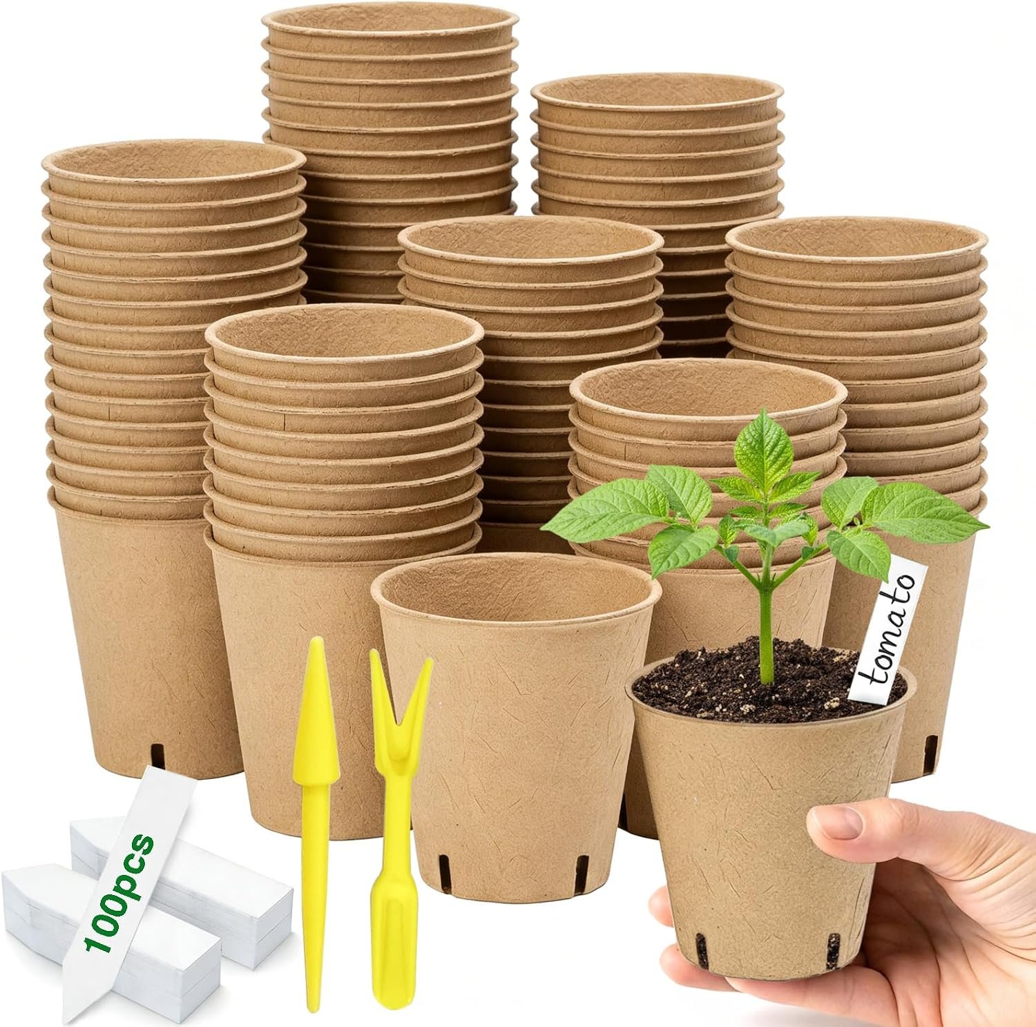 Peat Pots 70 Pack with 100 Plant Labels, 3.15 Inch Biodegradable Seedling Nursery Pots with Drainage Holes