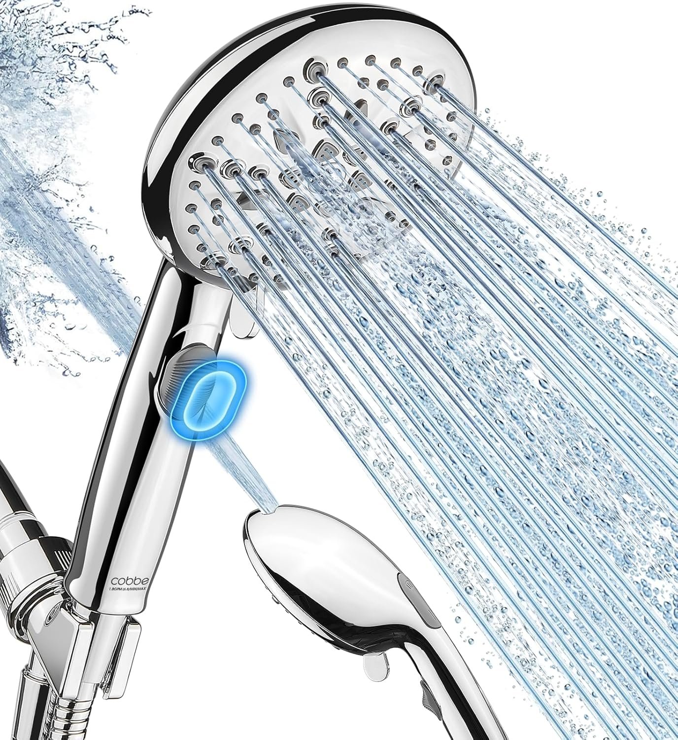 Cobbe 9 Spray Modes Handheld Shower Head, Water-Saving, Chrome | Power Rinse, 1-Click Pause & Flow Control, 6ft Stainless Steel Hose, Adjustable Brass Bracket
