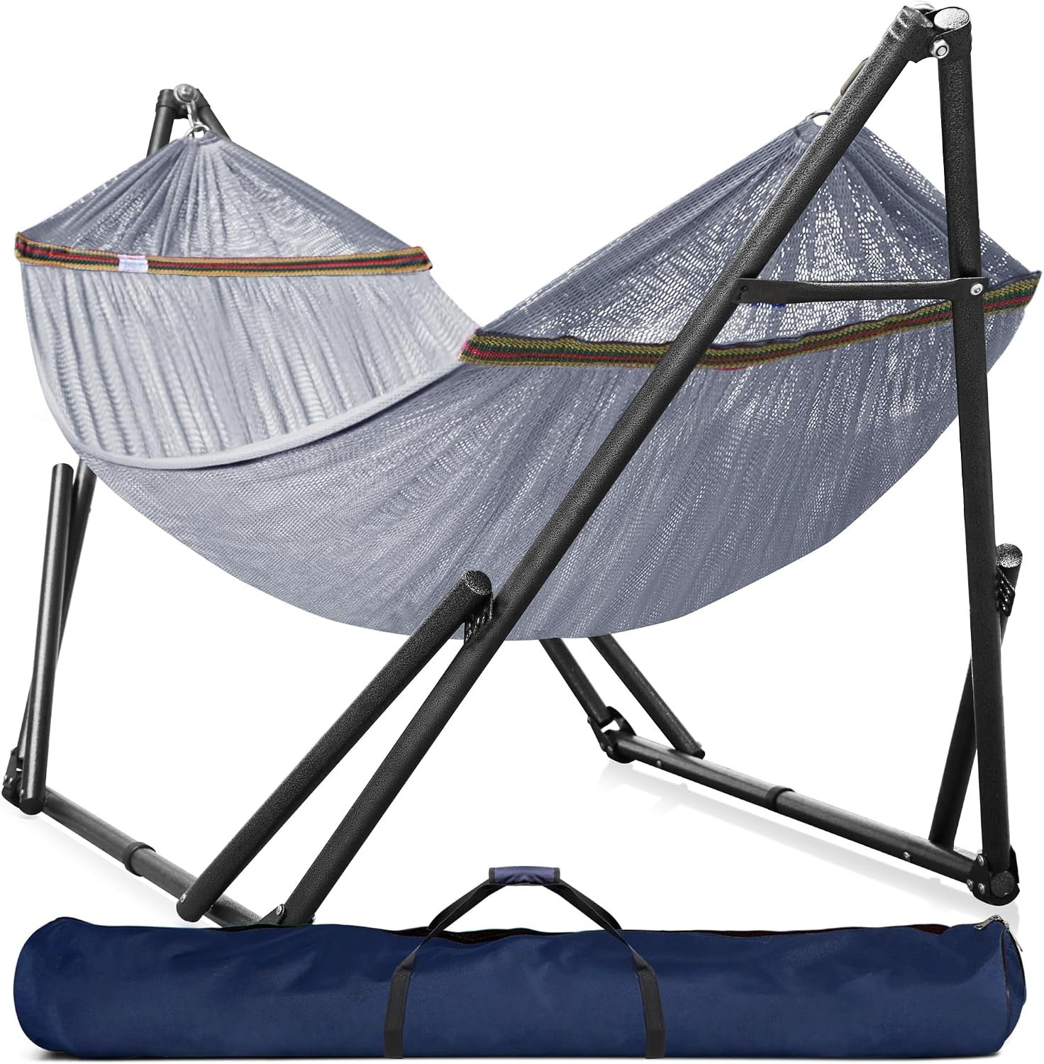 Tranquillo Universal Double Hammock with Stand Included for 2 Persons/Foldable Hammock Stand 600 lbs Capacity Portable Case – Inhouse, Outdoor, Camping, Grey | Polyester Hammock Net, 2 Person Capacity, 30 Sec Tool Free Setup, Ball Bearing Rocking, Carry Bag Included, Grey
