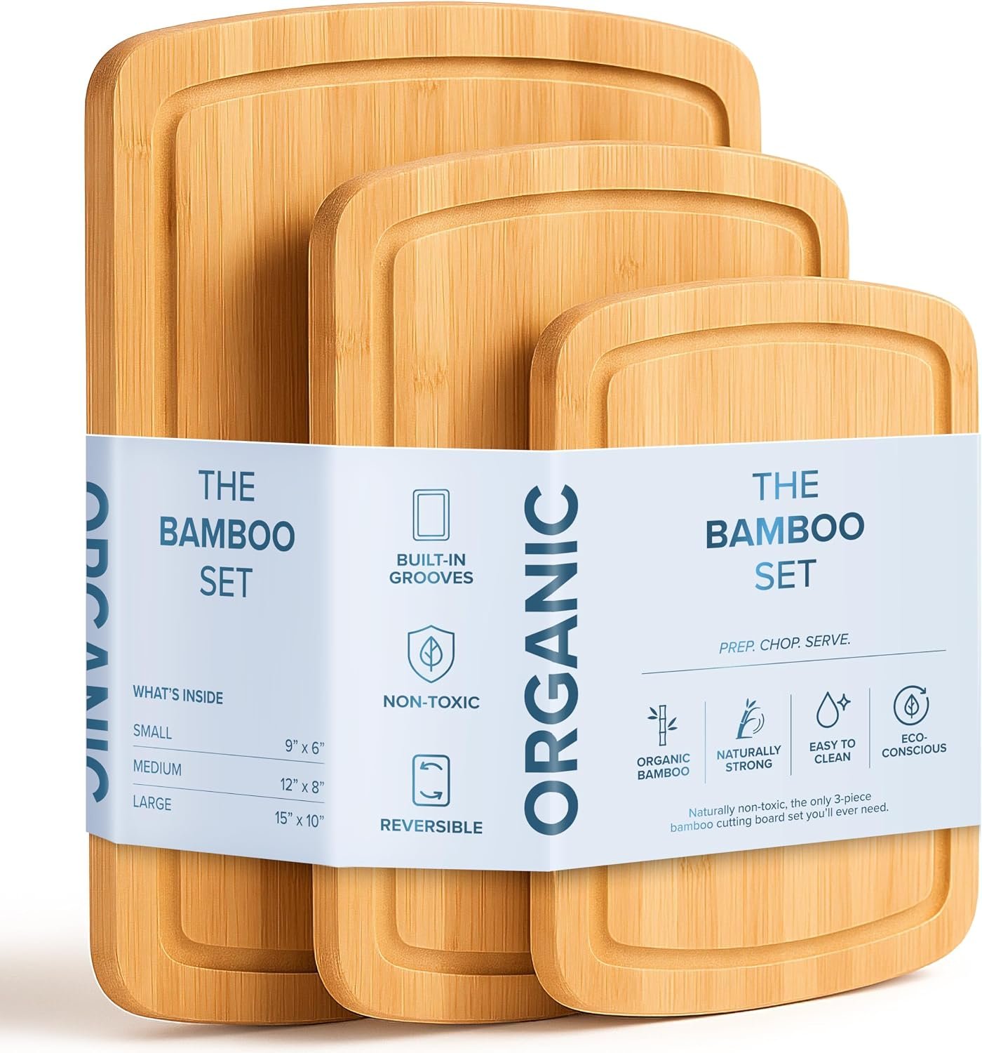 Wood Cutting Boards for Kitchen Counter – Organic Bamboo Cutting Board Set with Stick-On Grips (3 Pack), Thick Non-Slip Wooden Chopping Boards for Meat, Cheese, Produce & Serving