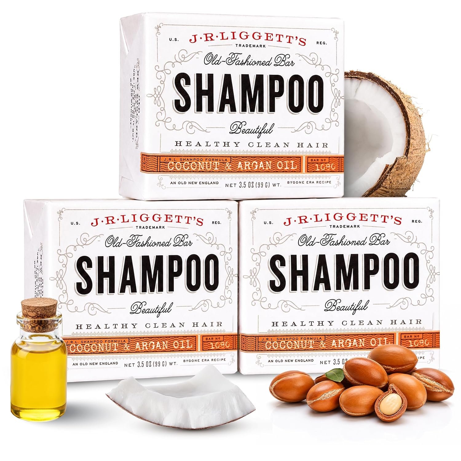 J.R.LIGGETT’S Coconut and Argan Oil Formula Shampoo Bar 3-Pack 3.5 oz | All-Natural Solid Hair Cleanser Bar for Strong and Healthy Hair, Restores Shine, Reduces Frizz, Fragrance-Free, Sulfate-Free