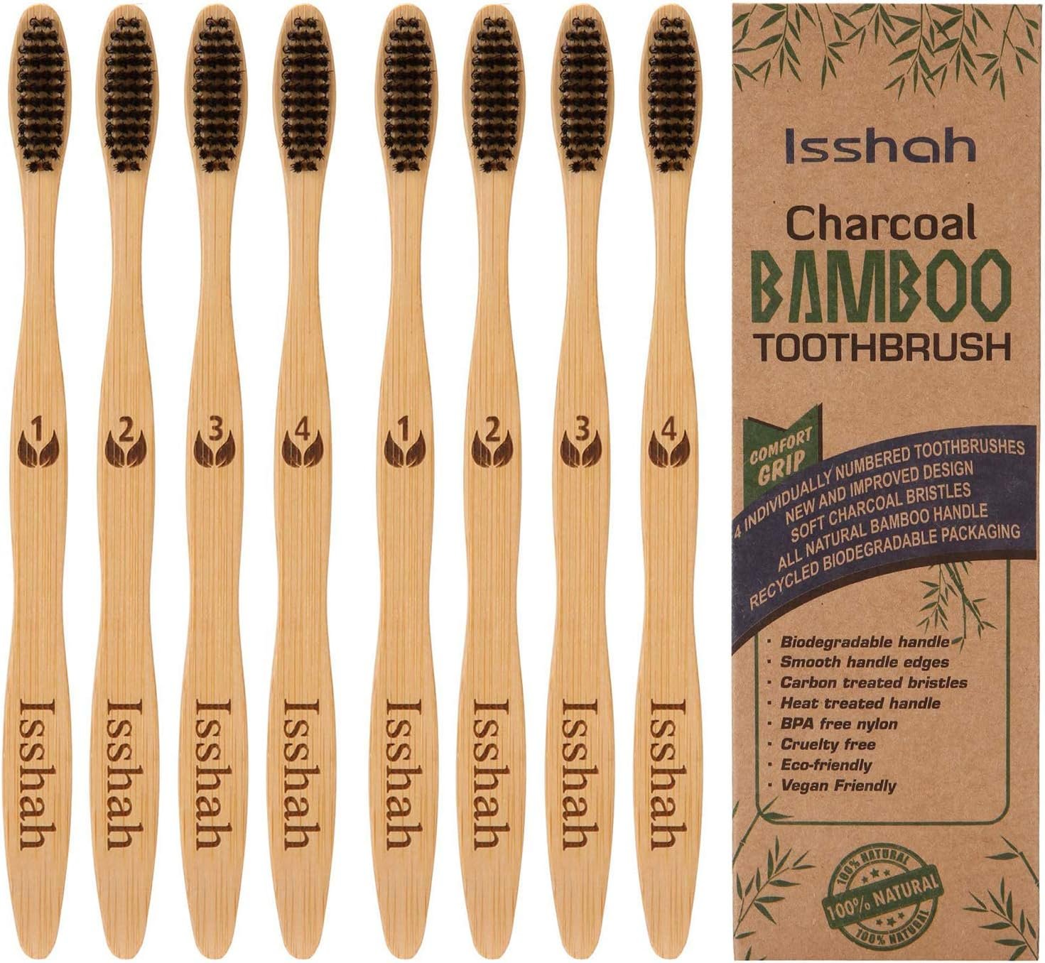 Isshah Biodegradable Bamboo Toothbrush – Compostable Eco-Friendly – 8 Pack | FSC certified, PETA approved. Biodegradable, compostable. Ergonomic handle, soft bristles. Eco-friendly packaging, 8 pack.