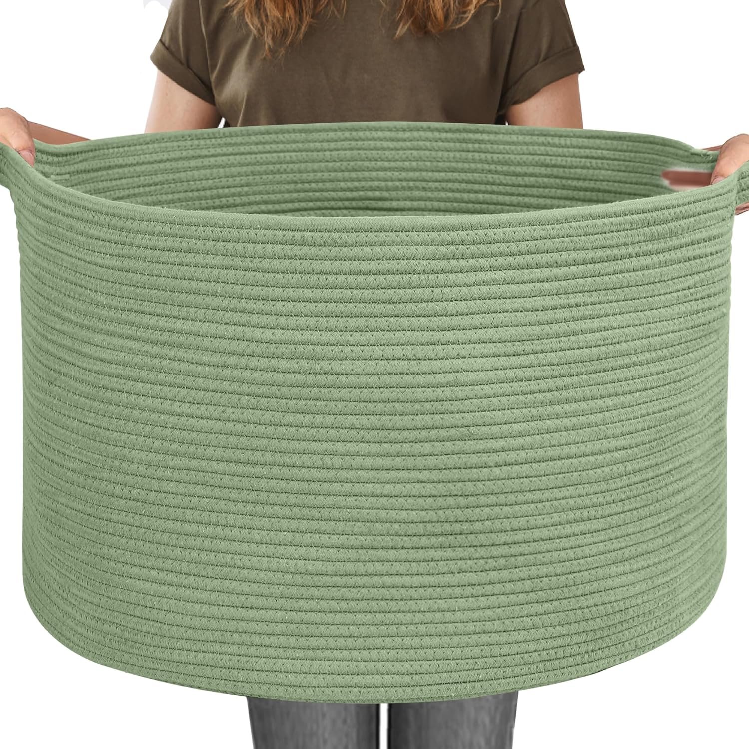 115L Oversized Green Basket, 23.6″x15.7″ Woven Cotton Rope Bin for Blankets, Nursery Wicker Laundry Hamper, Kids Toy Storage Bin, Sage Green Living Room Bedroom Decor Baskets for Organizing