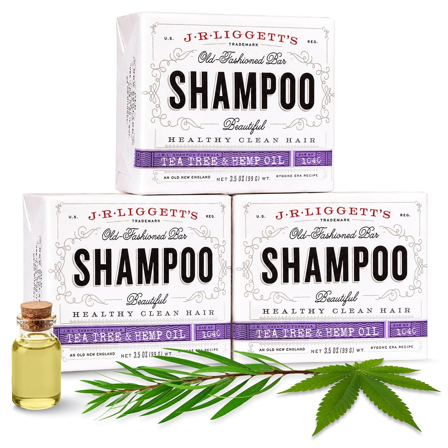 J.R.LIGGETT’S Shampoo Bar Tea Tree Formula, All-Natural Solid Hair Cleanser, Soothing Bar Shampoo with Tea Tree and Hemp Seed Oil for Dry, Sensitive Scalps, Fragrance & Sulfate-Free, 3.5 oz (3-Pack)