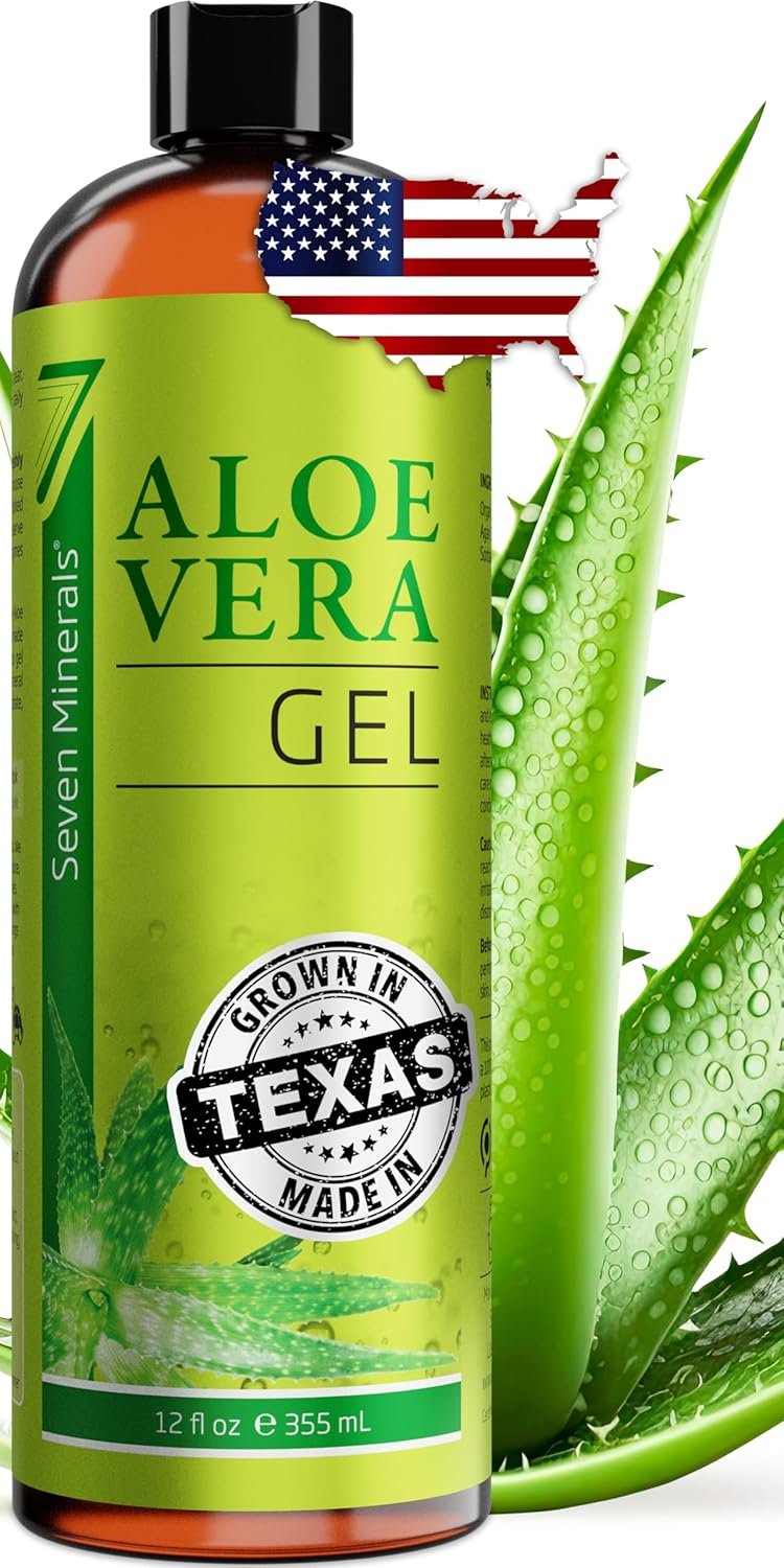 Seven Minerals Aloe Vera Gel with Freshly Cut Pure Organic Aloe – Big 12oz – Texas Grown, HighestQuality, Vegan, Unscented, Non-Sticky – After Sun, Skin & Face Moisturizer, Hair Mask