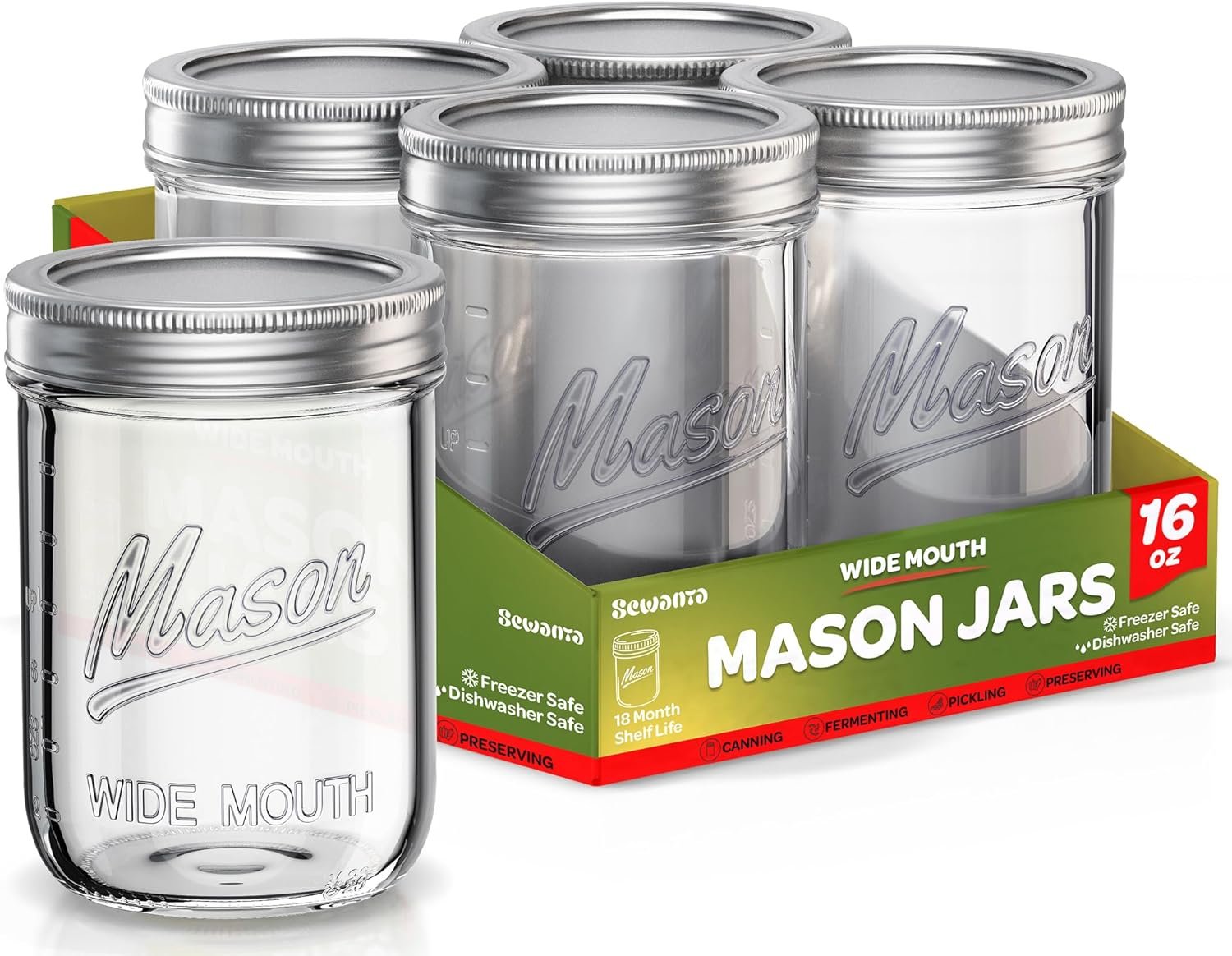 SEWANTA Wide Mouth Mason Jars 16 oz [5 Pack] With Mason Jar Lids and Bands, Mason Jars 16 oz – For Canning, Fermenting, Pickling – Jar Décor – Microwave/Dishwasher Safe.