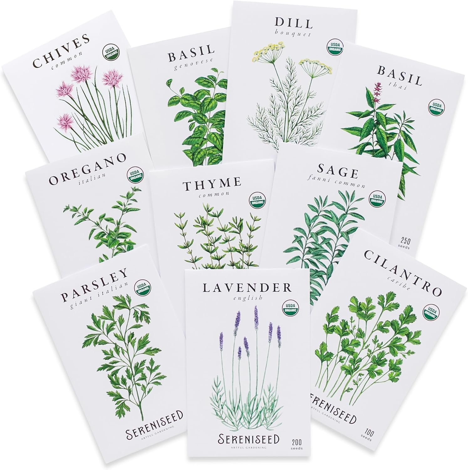 Sereniseed Certified Organic Herb Seeds (10-Pack) – Non GMO, Heirloom – Seed Starting Video – Basil, Cilantro, Oregano, Thyme, Parsley, Lavender, Chives, Sage, Dill Seeds for Indoor & Outdoor Planting