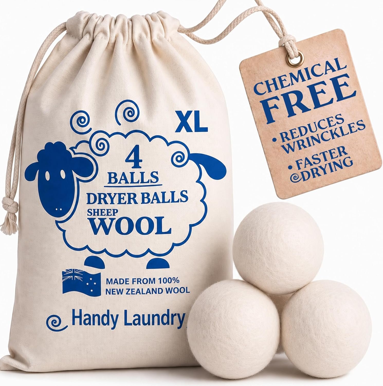 Handy Laundry Wool Dryer Balls 4-Pack, Reusable Natural Fabric Softener | 4-Pack Reusable Wool Dryer Balls, Natural Fabric Softener, Reduces Wrinkles, Alternative to Liquid Softener