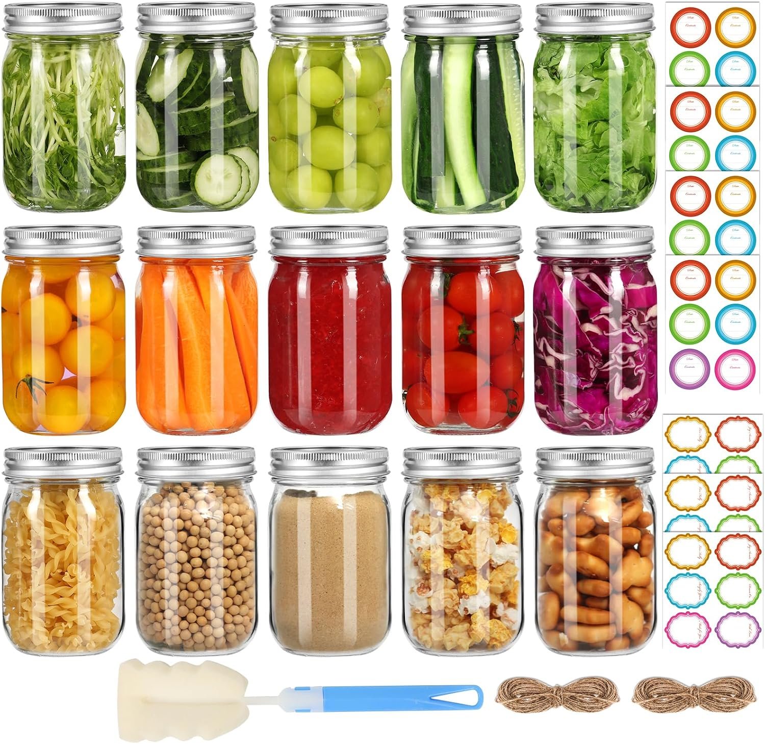 16oz Regular Mouth Mason Jars, 15-Pack Pint Canning Jars | Airtight Split Lids and Bands for Pickling, Meal Prep, Overnight Oats, Dry Food, DIY Crafts, Includes 24 Stickers and Brush