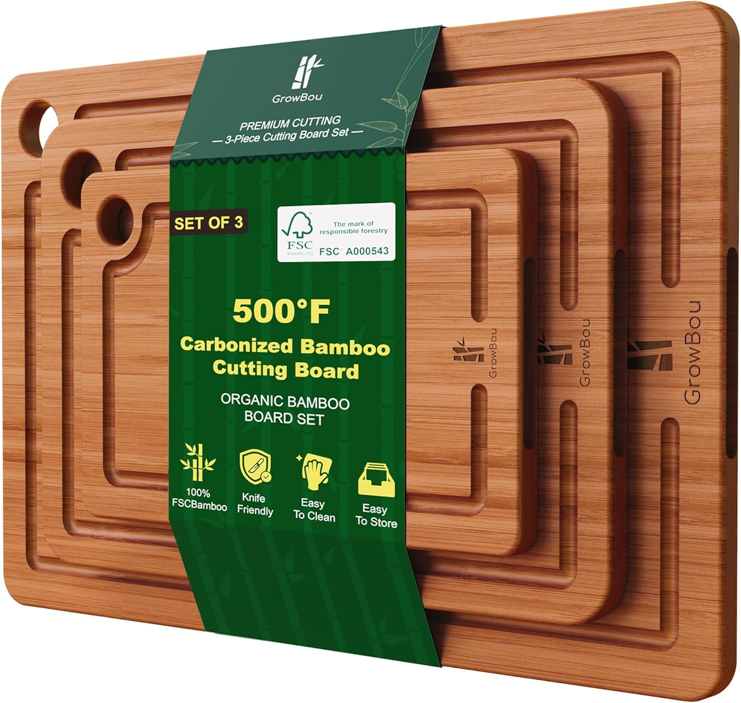 Bamboo Cutting Boards for Kitchen, 3-Piece Set with Juice Grooves, Side Handles & Non-Slip Mats – Durable Bamboo Chopping Board for Meat, Vegetables and Fruits Ideal Kitchen Gifts