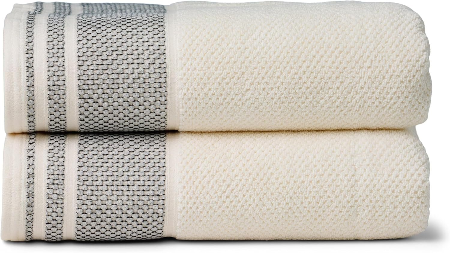 Texere 100% Organic Cotton Rice Weave Jacquard 700 GSM Luxury Bath Towel Set – 2 Large Bath Towels (Rice Weave, Cream w/Blk, 2 Bath Towels)