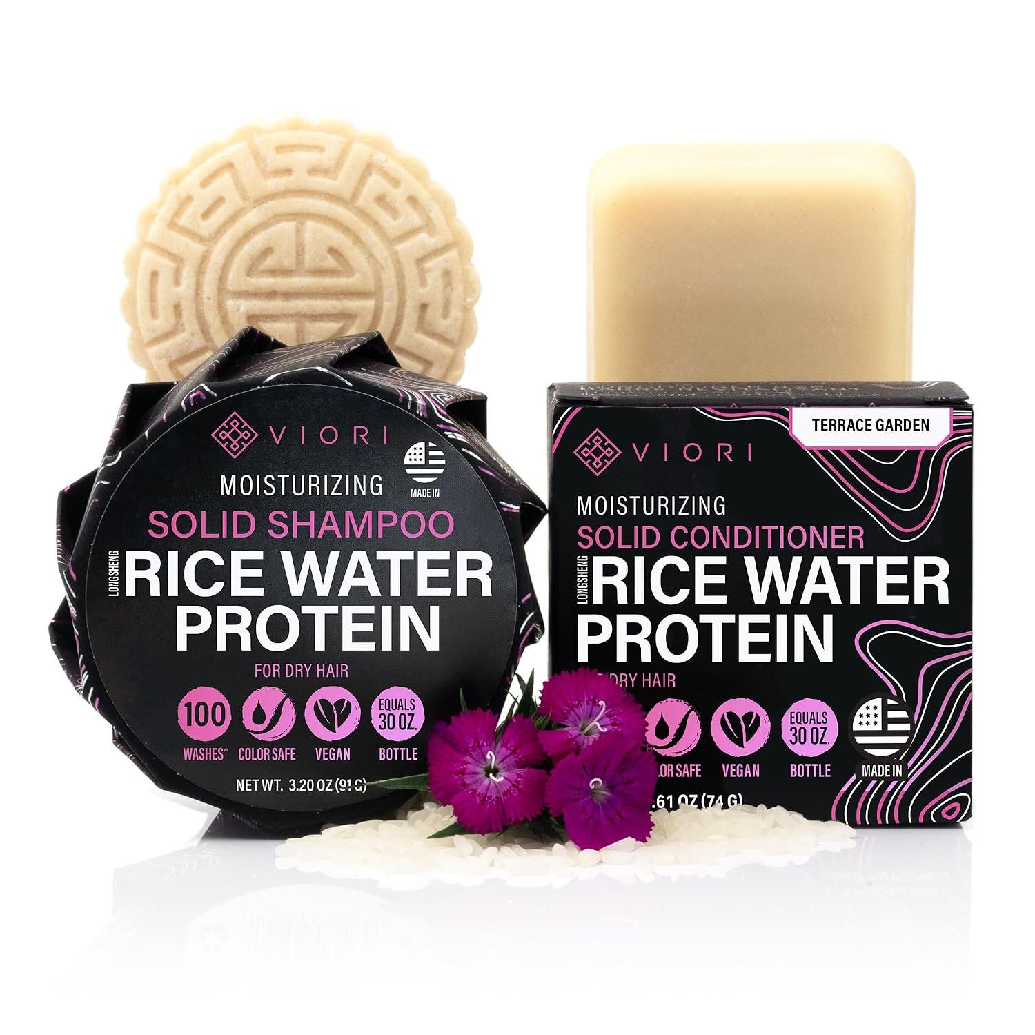 Viori Hydrating Shampoo & Conditioner Bar Set – Rice Water, Terrace Garden | For dry hair & scalp; green floral scent; sulfate/paraben/phthalate-free; vegan; handcrafted with Longsheng rice water