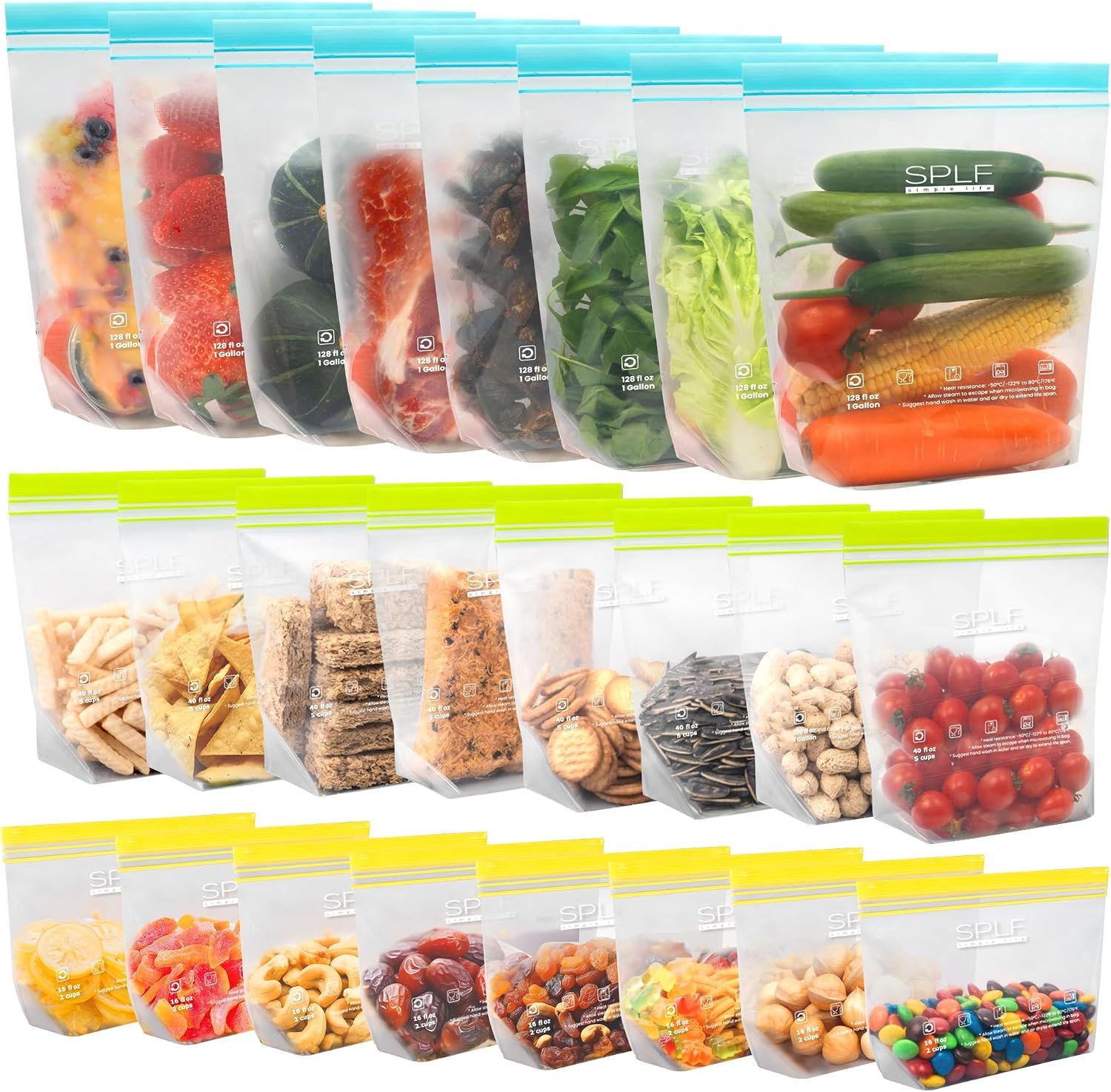 SPLF 24 Pack Reusable Food Storage Bags Dishwasher Microwave Safe | BPA Free Reusable Freezer Bags, Silicone Free Containers for Meal Prep, Fridge Home Kitchen – 8 Gallon 8 Sandwich 8 Snack