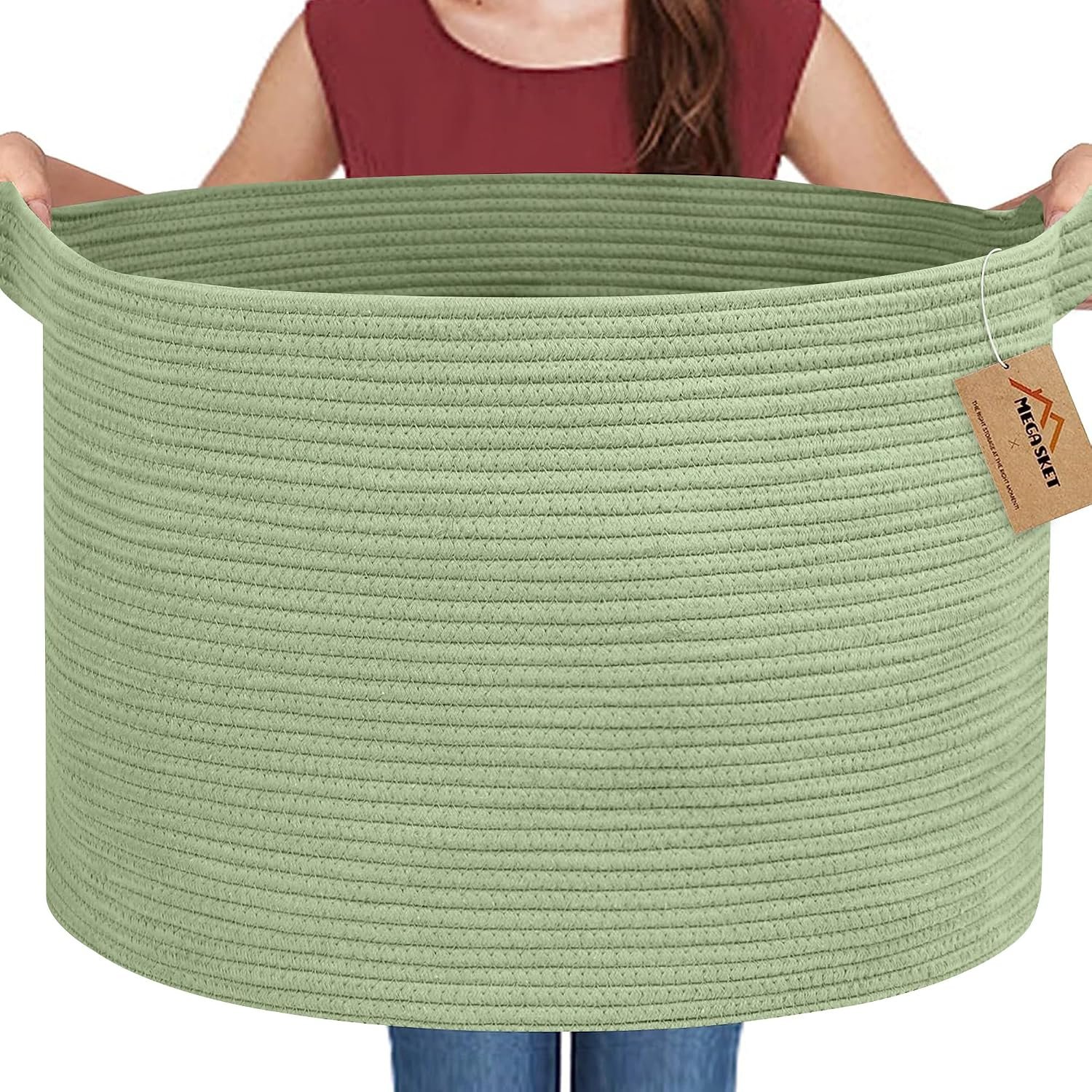 Extra Large Green Basket, 22″ X 22″ X 14″ Woven Cotton Rope Baskets for Blankets, Nursery Laundry Basket, Cute Kids Toy Storage Bin, Green Living Room Bedroom Decor Baskets for Organizing