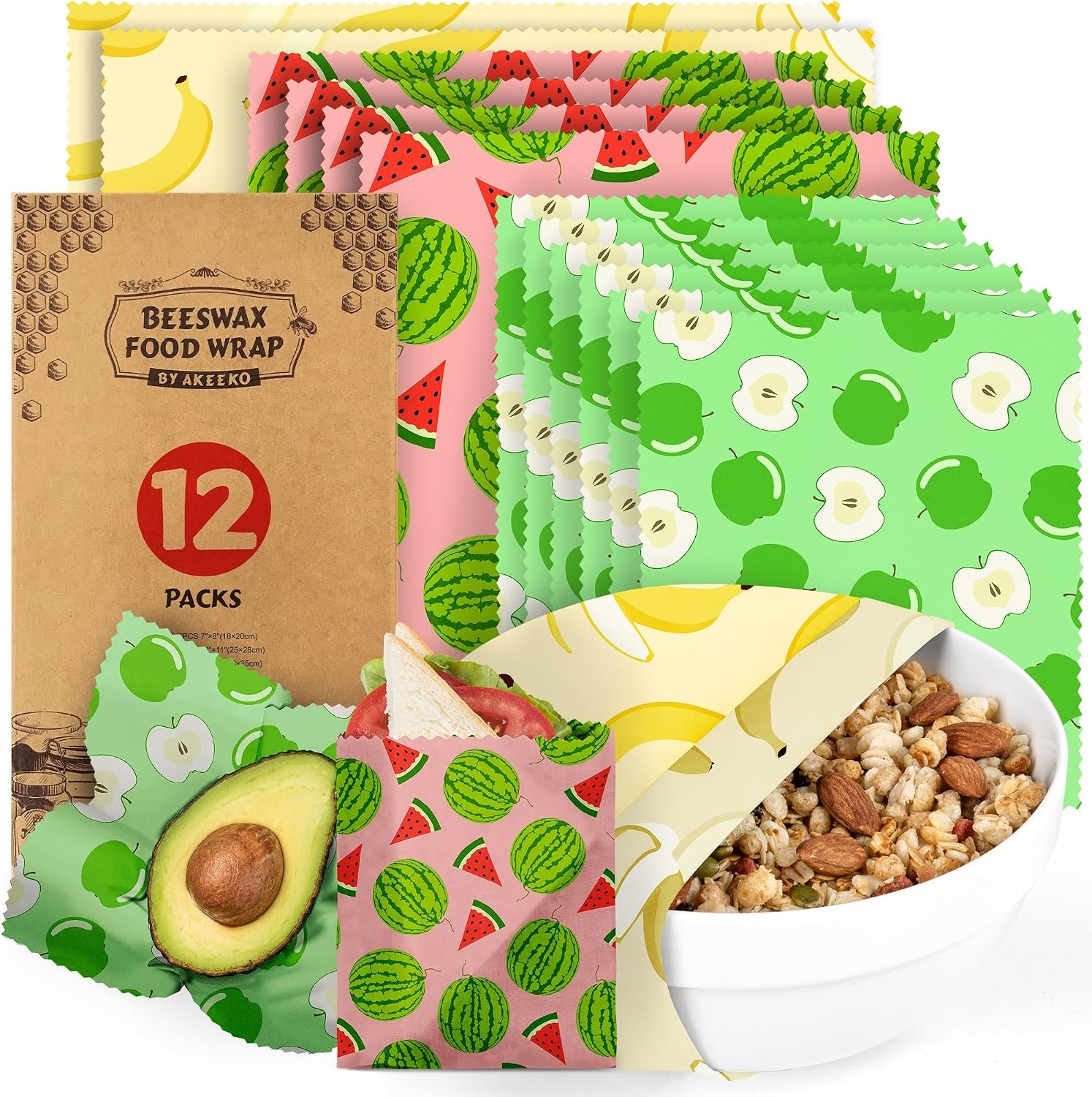 Akeeko Reusable Beeswax Food Wraps – Assorted 12 Pack, Reusable, Plastic-Free Food Storage, Sustainable Gifts, 3 Sizes (6S,4M,2L)