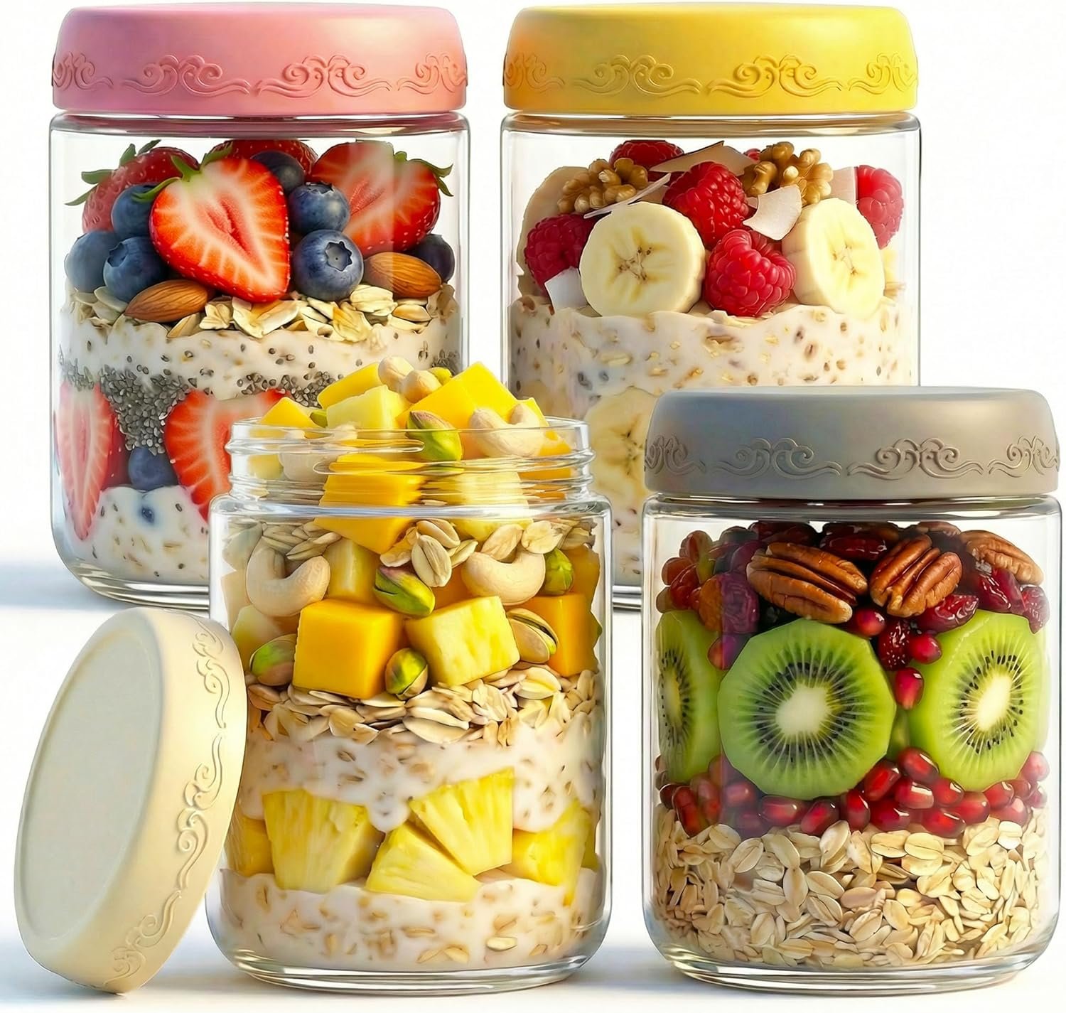 16 oz 4-Pack Overnight Oats Containers with Lids | Glass jars with Airtight Lids, Wide mouth Mason jars, Leakproof and Reusable Food Storage Jars (4-2)
