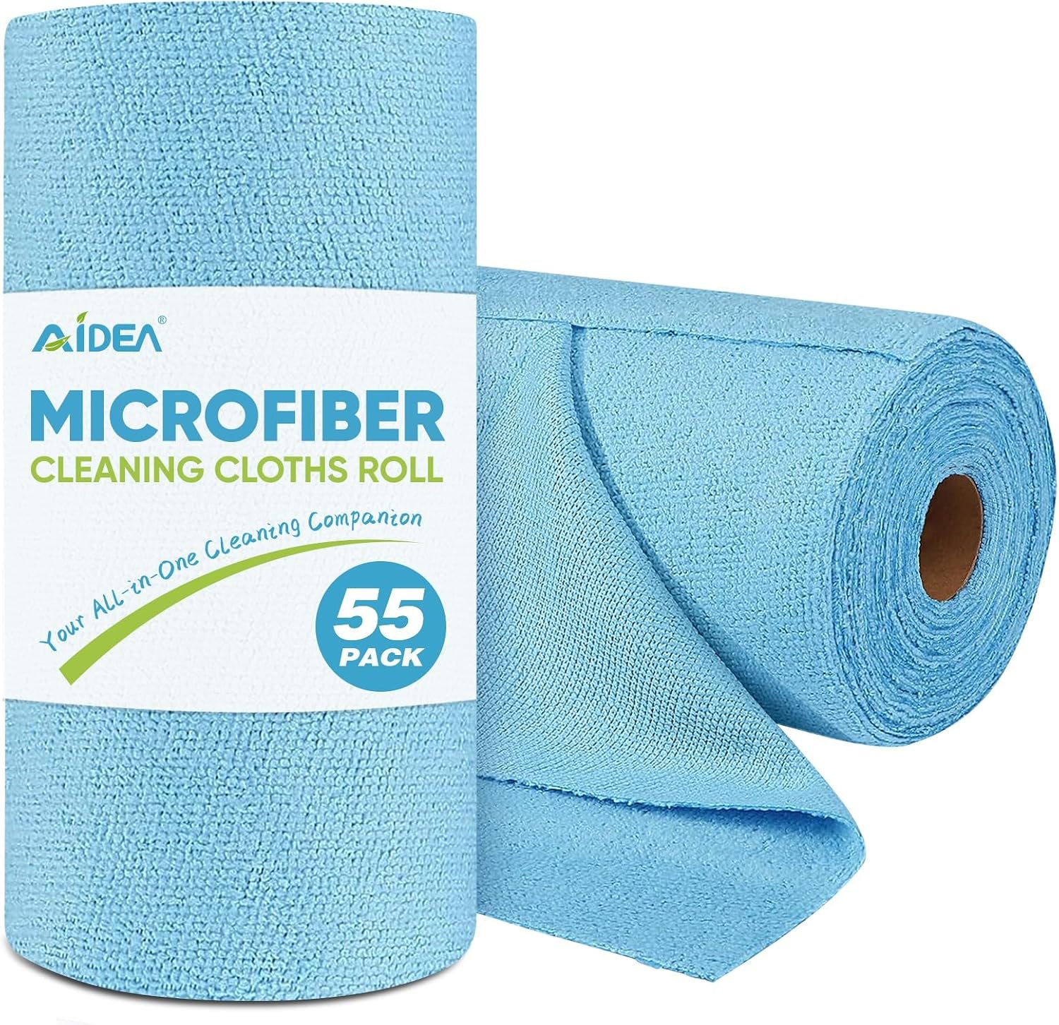 AIDEA Microfiber Cleaning Cloth Roll, Blue Shop Towels 55 Sheets 11×9″ | Reusable Paper Towels, Microfiber Towels for Cars, Microfiber Rags for Automotive,Workshop, House, Kitchen, Cleaning Supplies