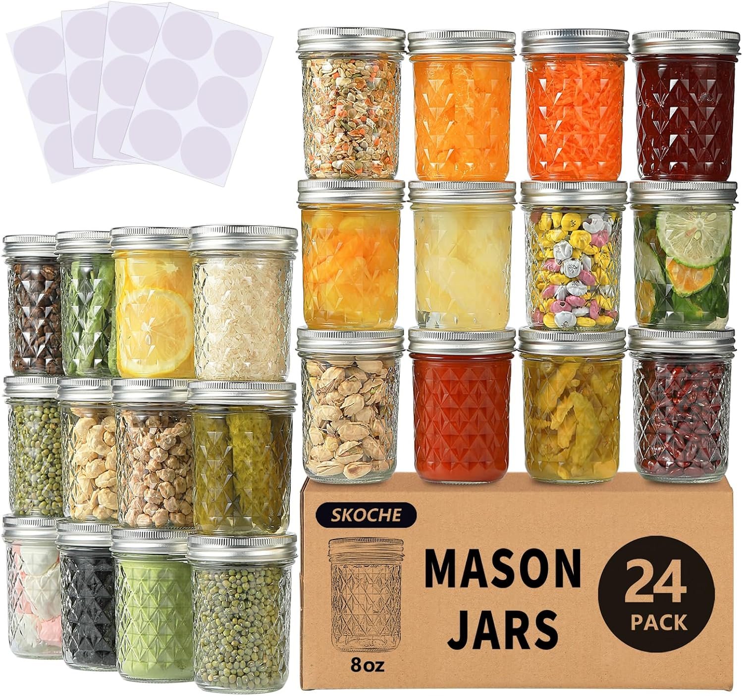SKOCHE Mason Jars 8 oz 24 Pack Half Pint Canning Jars with Lids and Bands | Small 8oz Glass Jars with Regular Airtight Lids, Ideal for Fermenting, Pickling, DIY Decors, Fruit Preserves, Jam, Jelly