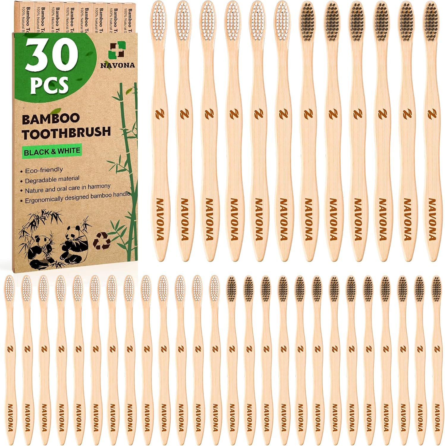30 PCS Bamboo Toothbrushes Pack, Natural & Eco-Friendly Bamboo Toothbrush | BPA Free Medium Soft Bristles Toothbrushes for Adults, Box of Two Reusable Wooden Toothbrush