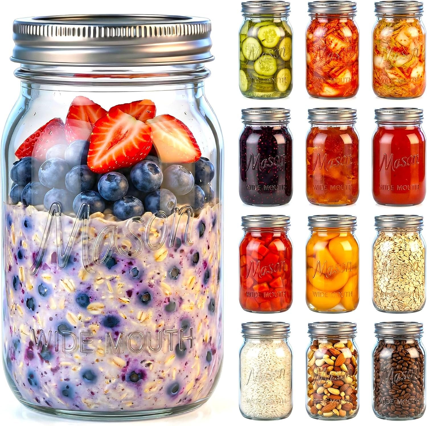 12 Pack 32 OZ Glass Food Storage Jars with Separable Airtight Lids, Wide Mouth Mason Jars for Pickling, Fermentation, Canning, Microwave & Dishwasher Safe (32oz – 12 Pack)