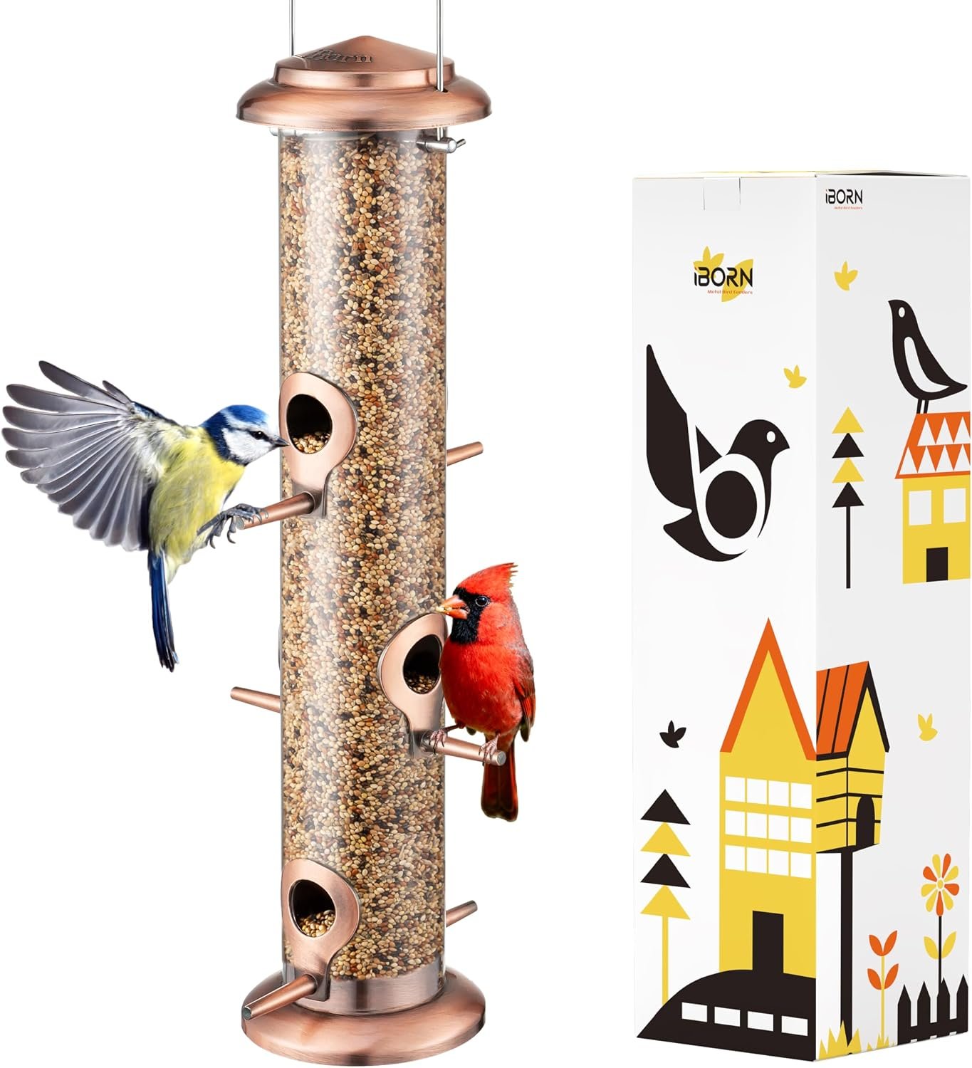 Bird Feeders for Outdoors 15″ 6 Ports Chew-Resistant, Brushed Copper, 1PK | Metal, Durable Outdoors, Flip-top Easy Refill & Clean, Clear Seed View, Suits Mixed Seeds, Brushed Copper