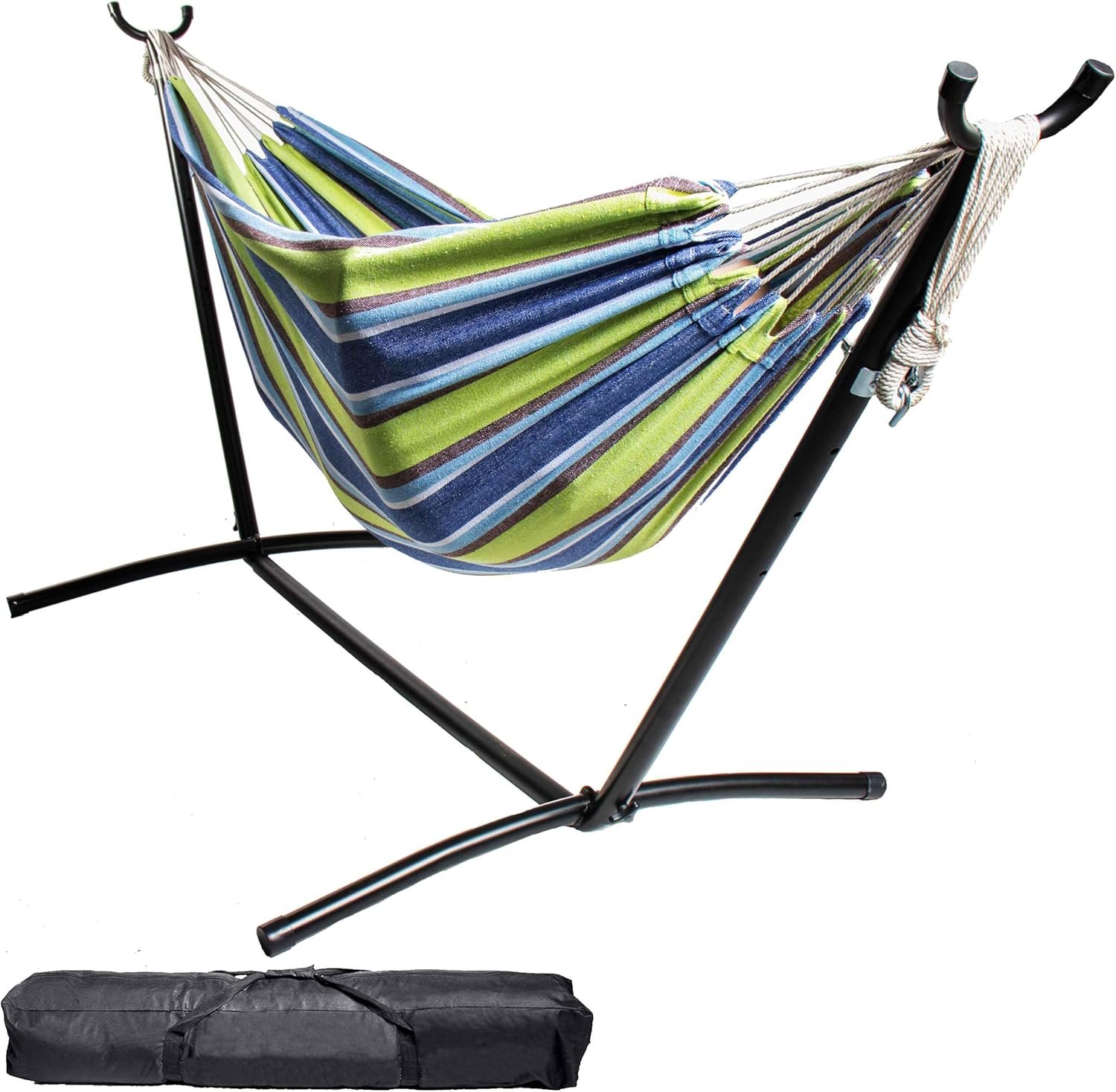 Backyard Expressions Double Camping Hammock with Steel Stand & Carrying Bag, Adjustable Height, Ultra Soft Cotton Blend, 550 lb Capacity, Indoor & Outdoor Portable Hammock