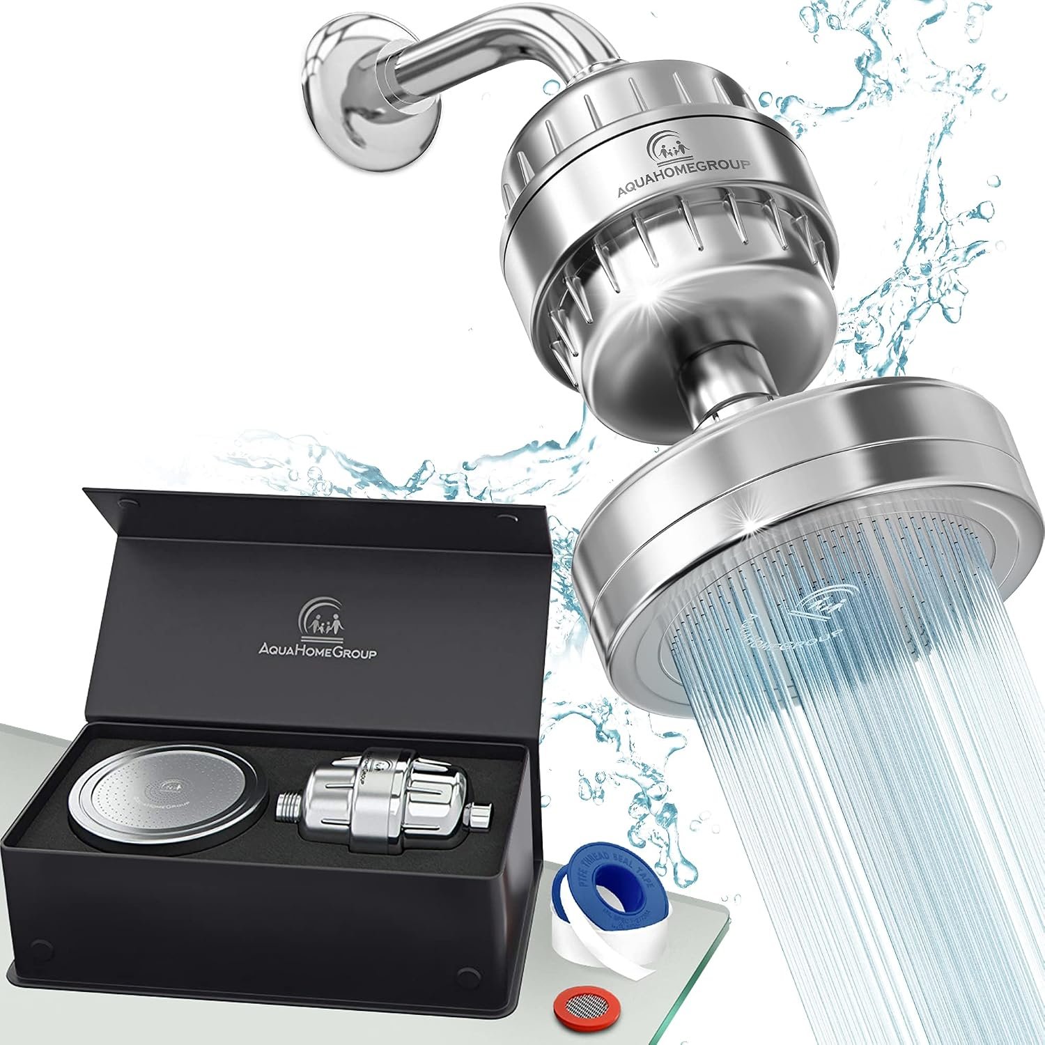 AquaHomeGroup – Filtered Shower Head & 20 Stage Shower Filter – Standard – Chrome