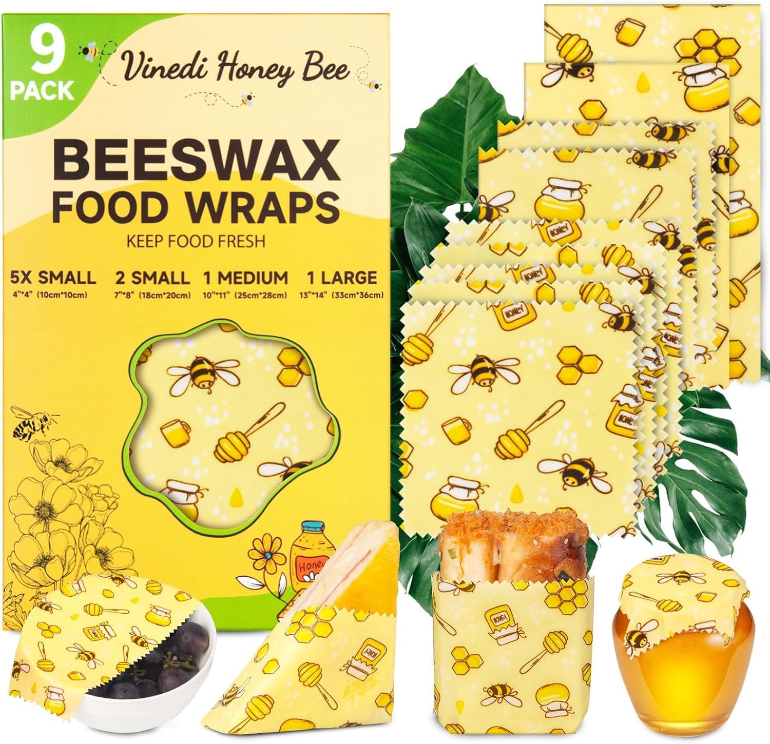 Reusable Beeswax Food Wraps, 9 Pack – Assorted Sizes (XS,S, M, L) | Organic Cotton, Eco Friendly, Plastic Free | Honeycomb Design