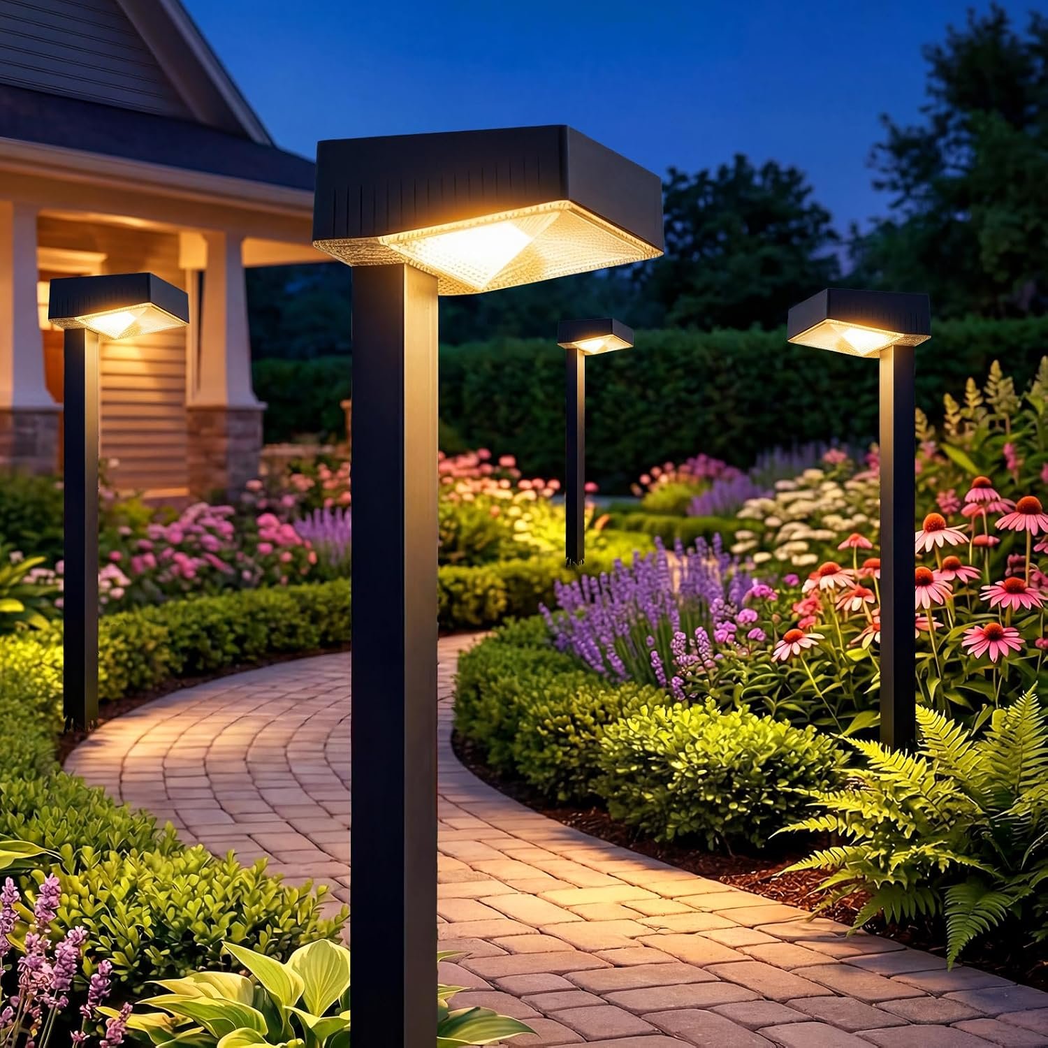 Solar Pathway Lights Outdoor: 8 Pack 80LM Bright Walkway Lighting | 27.4-in Max Height with 3 Adjustable Levels – IP65 Waterproof 12H Lasting – 2700K Warm White 2 Modes Garden Driveway Clearly