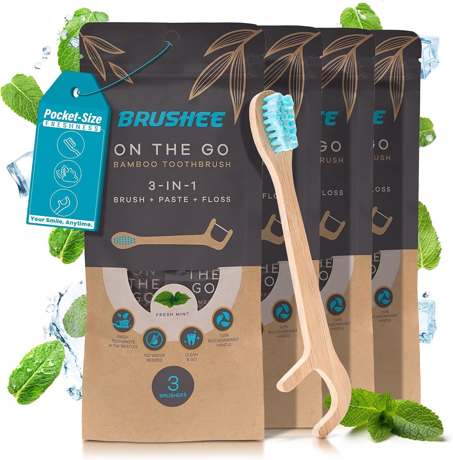Brushee Travel Toothbrush 12-Pack, Bamboo Disposable 3-in-1 with Flosser | Individually wrapped, soft bristles, mint paste built in, no rinse needed; for gym, purse, carry-on trips, Invisalign care