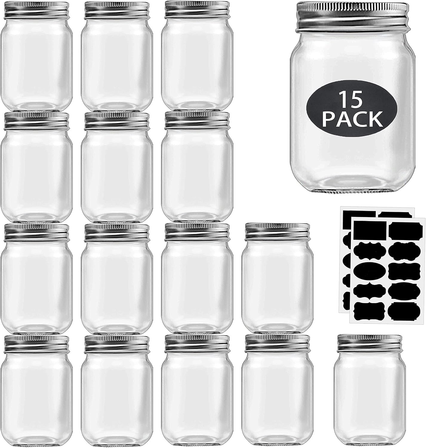 Rainforce 16 oz Mason Jars with Silver Lids 15 Pack Pint Glass Canning Jars | Regular mouth clear glass jars bulk for meal prep, Overnight Oats, Dry Food, DIY Crafts.Food Storag with 20 labels and 1 pen
