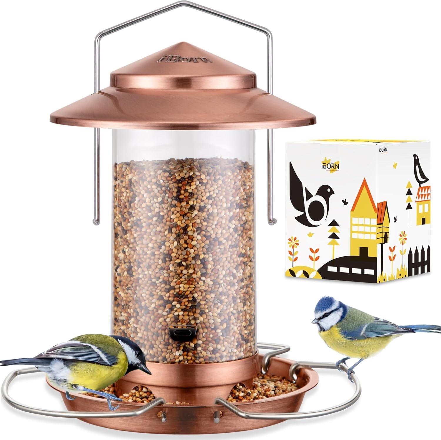 Bird feeders for Outdoors Metal Chew Resistant Brushed Copper, 1PK | Metal Roof, Metal Tray, Fixed Hanger, Flip-Top Fill, 3 Perches, Easy-Clean, 1.32lb