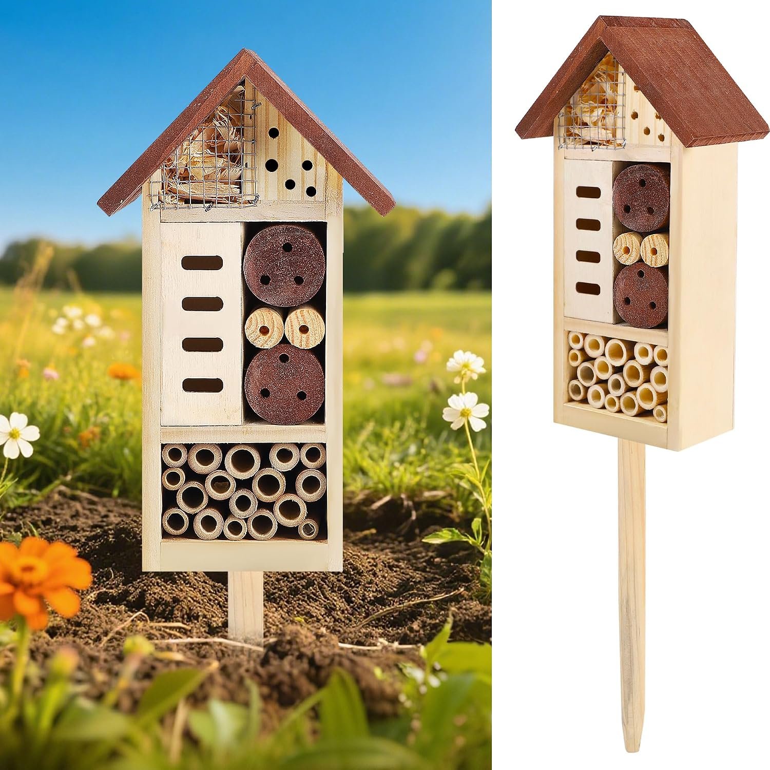 Lulu Home Wooden Insect House with Stake, Hanging & Inserting Two Mount Ways Insect Hotel for Bee, Butterfly, Ladybirds, Beneficial Insect Habitat, Bug Hotel Garden, 19.7 X 3.4 X 5.4 Inch
