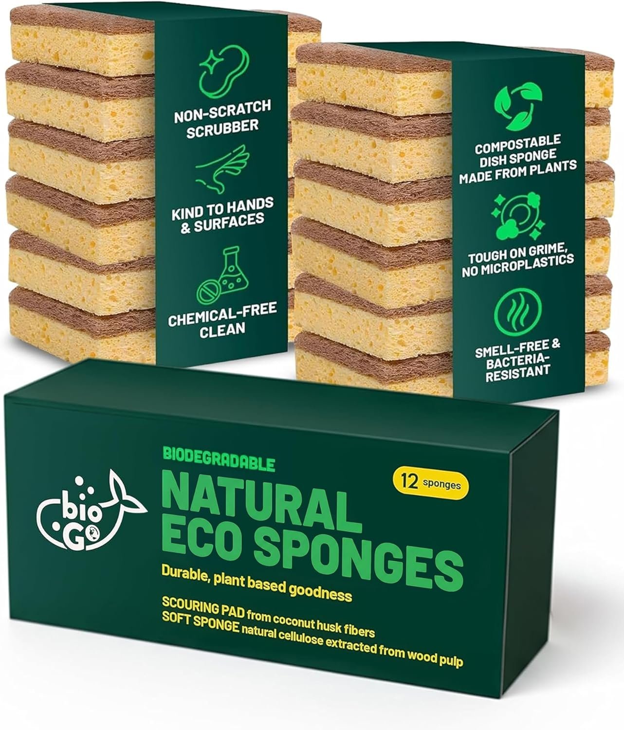 bioGo 12 Pack Natural Biodegradable Kitchen Sponges – Eco-Friendly, Compostable, Cellulose Dish – Compostable – Biodegradable – Cellulose Sponge