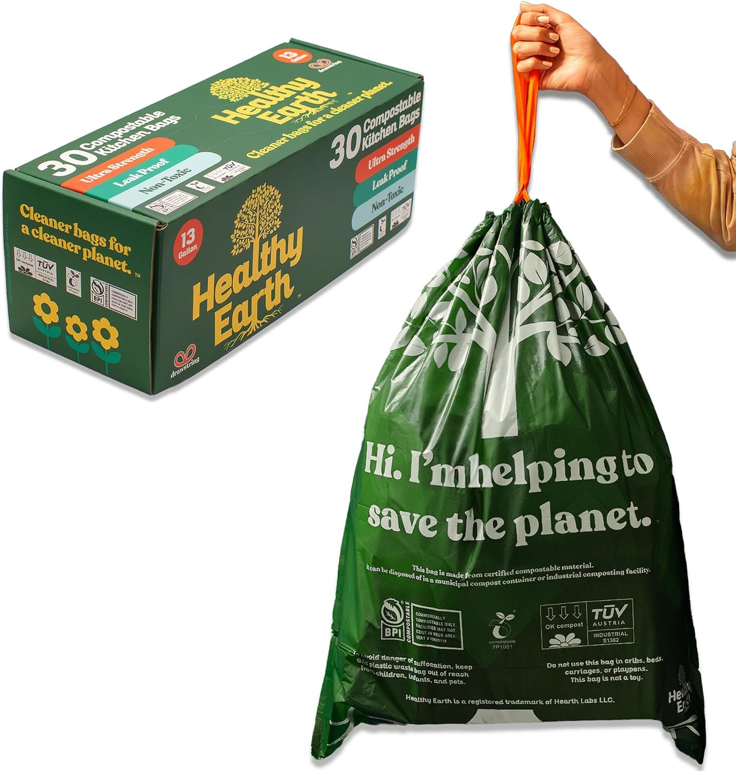 Healthy Earth 13 Gallon Compostable Drawstring Trash Bags, 1.13 Mil Extra Thick Tall Kitchen Liners (49.2 L), Heavy Duty Leak-Proof Food Scrap Bags, BPI & TÜV OK Compost Certified, 30 Count
