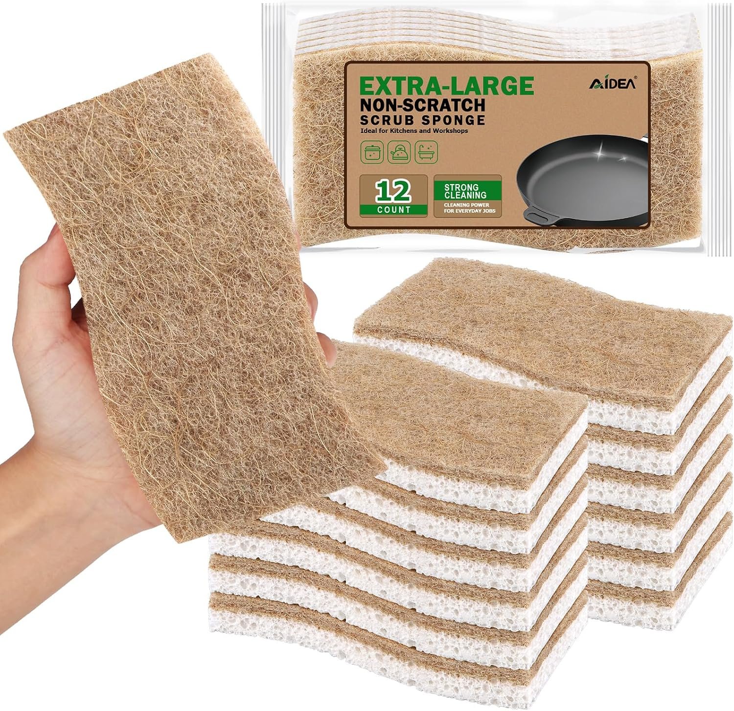 AIDEA XL Sponges Kitchen, 12Count, Non-Scratch Dish Sponges | Large Natural Sponge for Non Stick Cookware, Cellulose Cleaning Sponge for Dishes, Bathroom, Household