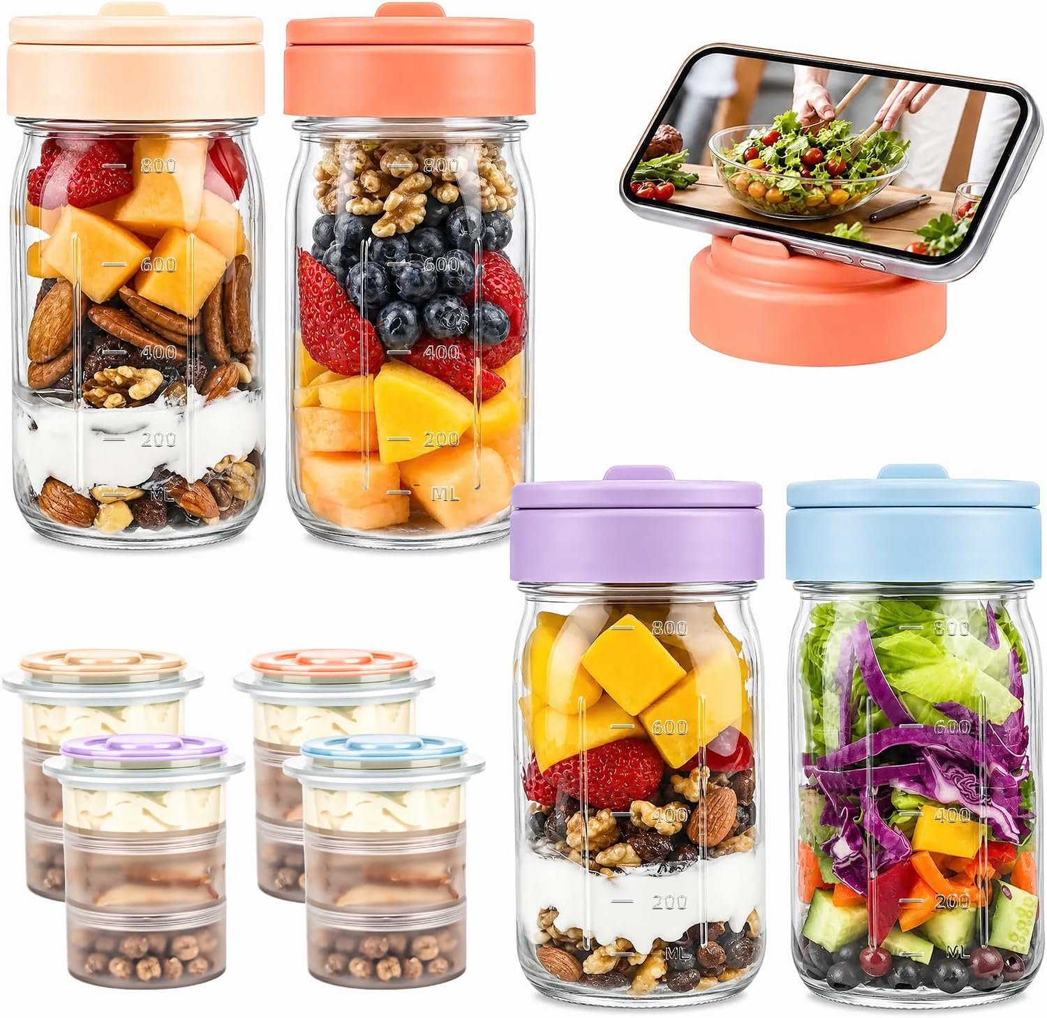 TQRR 4 Pack Overnight Oats Containers with Lids, 32 oz Glass Storage Jar | Three Dry & Wet Separation, Leakproof Design, Wide Mouth Mason Jars, Handle Included, For Spice, Sugar, Salads & Yogurt