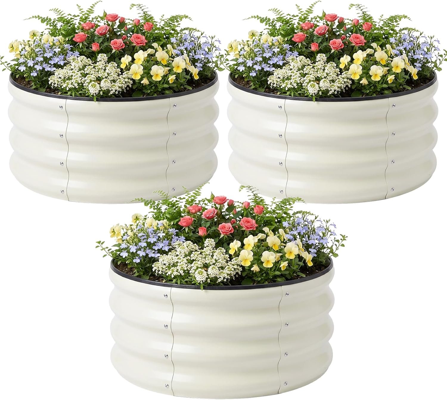 3 Pcs 2x2x1ft Round Galvanized Raised Garden Bed Kit Outdoor, Metal Planter Box for Planting Plants Vegetables, White