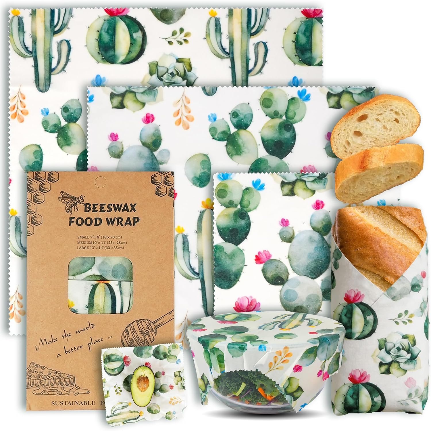 Cactus Beeswax Wraps, S/M/L 3 Pack Reusable Food Storage | Organic plastic-free sustainable wraps; For bread, sandwiches, cheese, fruit & bowl covering; Eco zero waste food storage