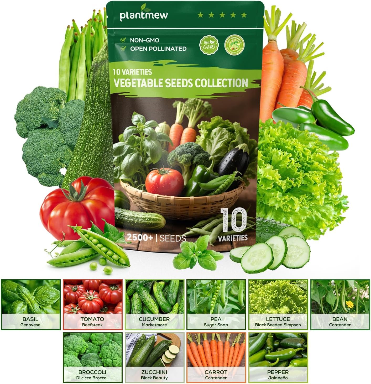 10 Vegetable Seeds Pack – Heirloom – Basil, Snap Pea, Broccoli, Bean, Jalapeño Pepper, Tomato, Lettuce, Cucumber, Carrot, Zucchini Seeds for Planting Home Garden