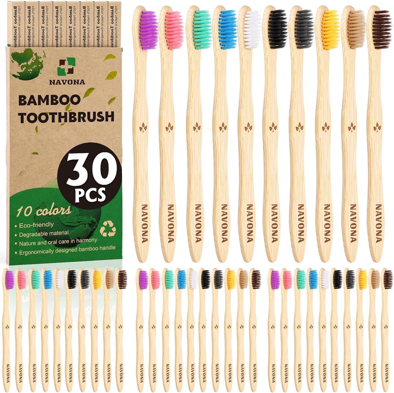 30 PCS Bamboo Toothbrushes, BPA Free Soft Bristles Toothbrush for Adults | Box of two Kids Bamboo Toothbrushes Pack, Eco-Friendly Natural Wooden Toothbrush Bulk