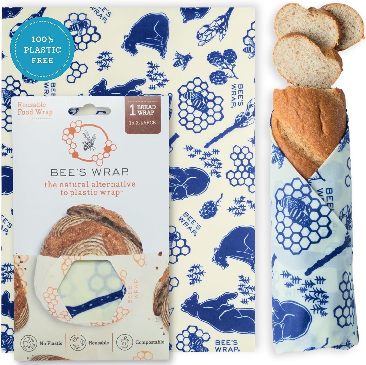 Bee’s Wrap Beeswax Bread Wrap – Bees & Bears | Organic Beeswax Wraps – Plastic Free – Reusable Bread Storage – Sourdough, Artisan Loaves & Homemade Bread – Made in USA