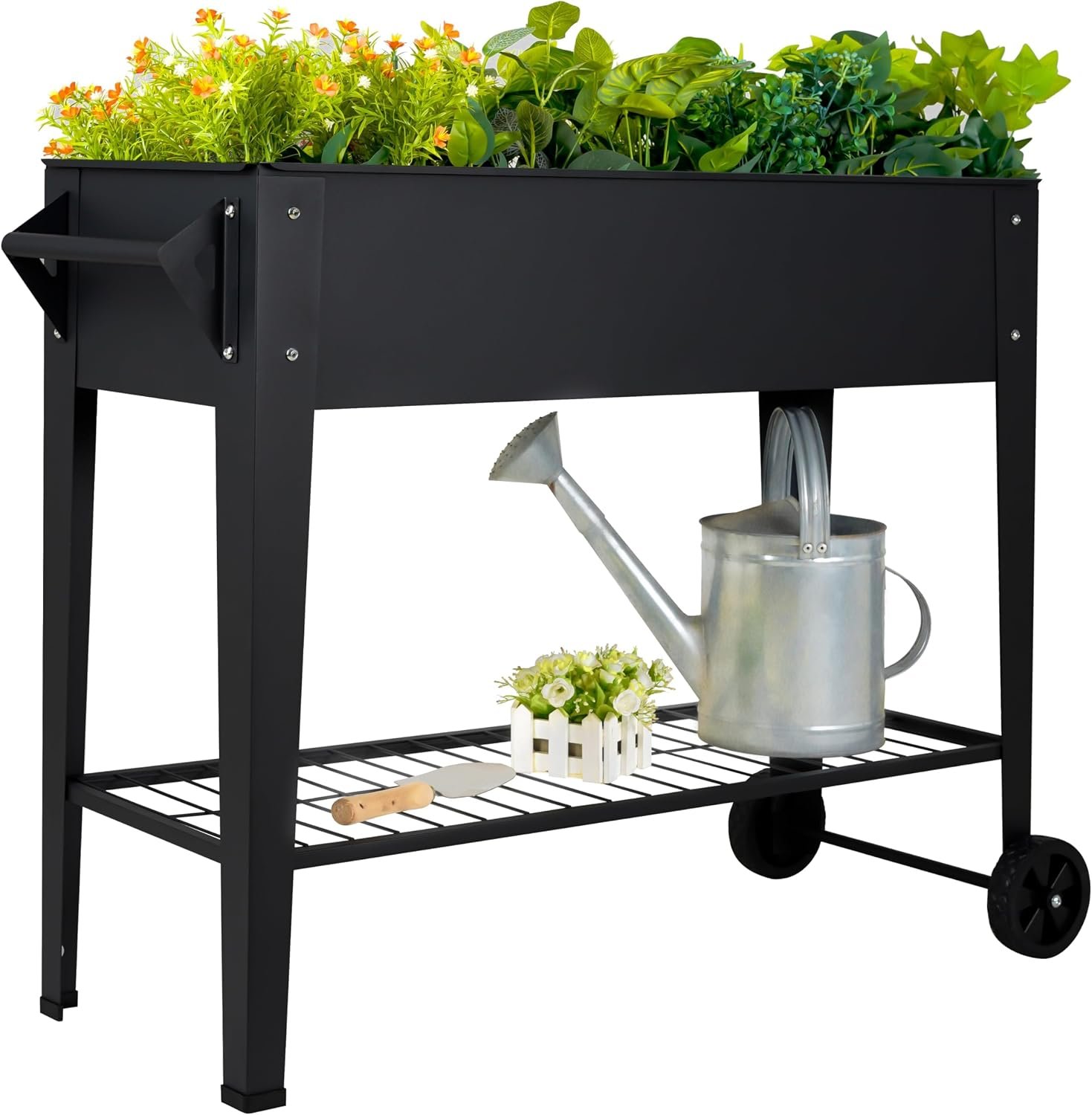 LEETOLLA Elevate 32″ Raised Garden Bed with Wheels | Elevated steel planter box for outdoor vegetables, herbs, and flowers. 400 lb capacity with drainage and shelf.