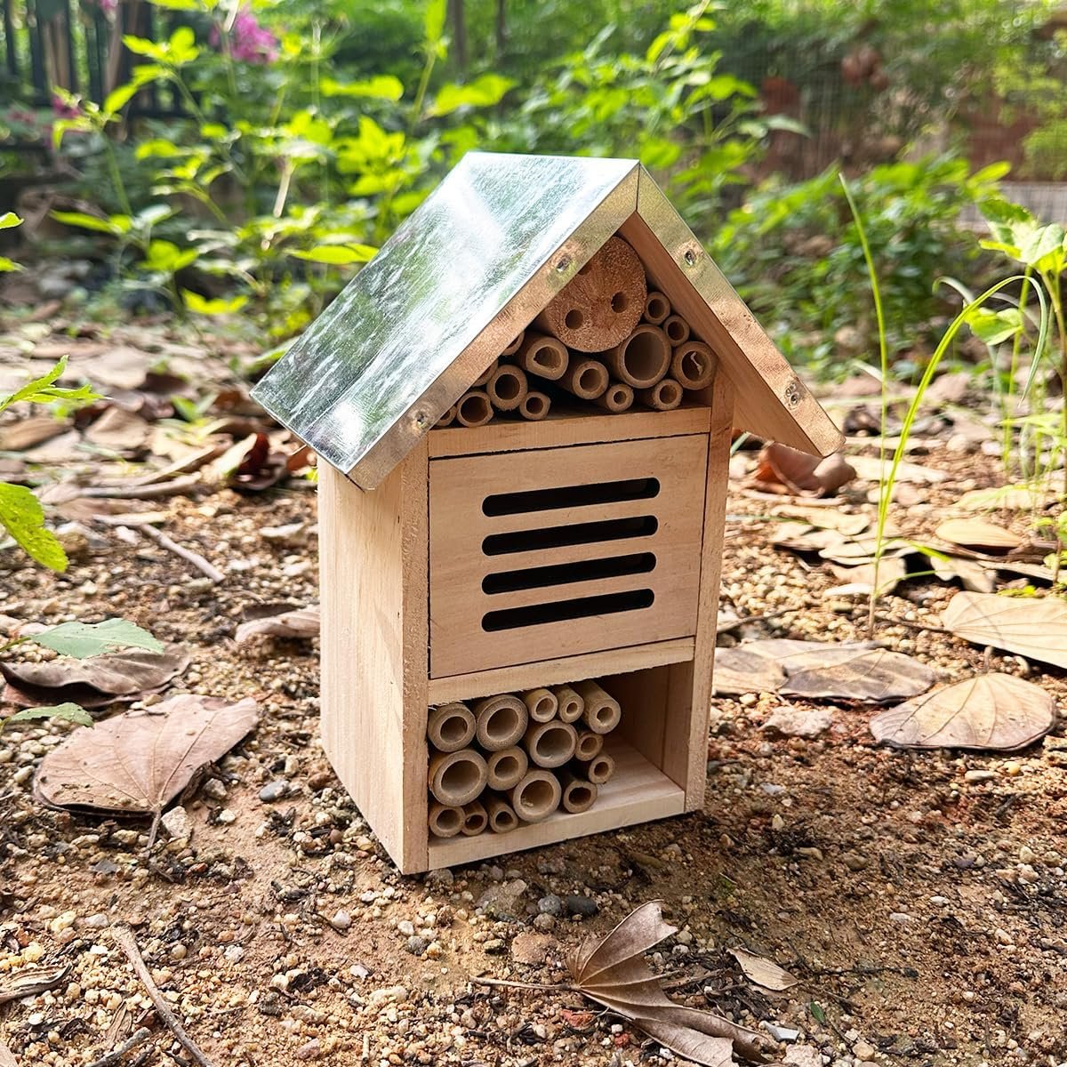 Bee House Hanging Insect Hotel, Natural Wooden Bee Hotel for Garden, Yard, or Balcony, Attracts Pollinators Like Bees, Butterflies and Ladybugs