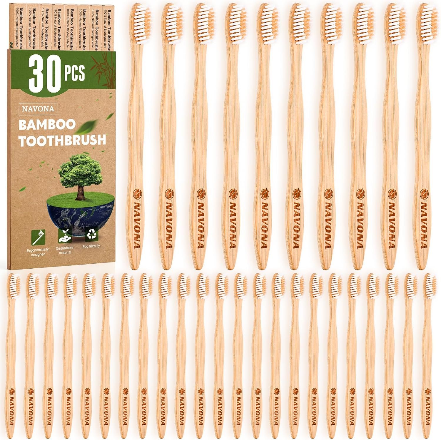 30 PCS Bamboo Toothbrushes Pack, Natural & Eco-Friendly Bamboo Toothbrush | Medium Soft Bristles Toothbrushes for Adults, Box of Two Reusable Wooden Toothbrush, BPA Free