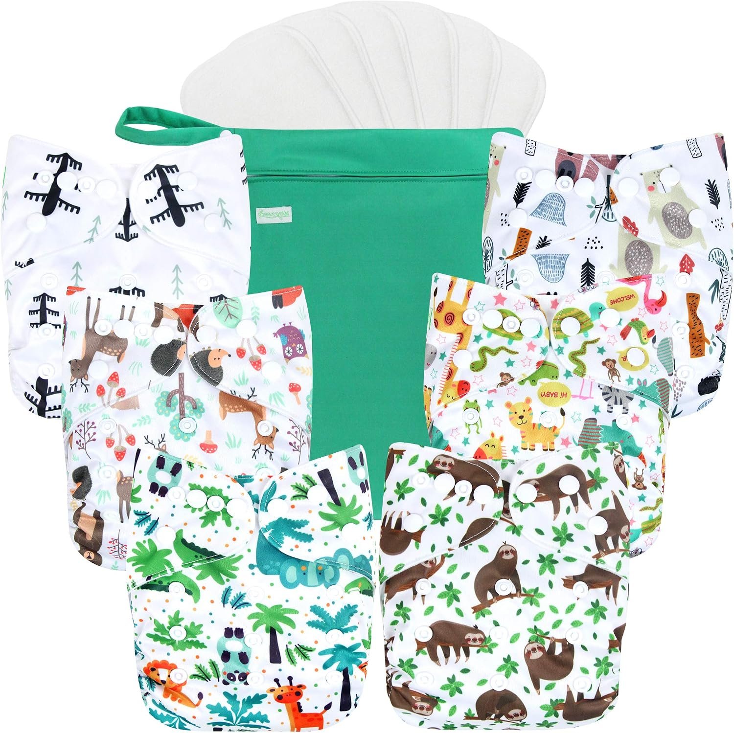 wegreeco Cloth Diapers 6 Pack with 6 Inserts & 1 Wet Bag, Washable Cloth Diapers for Babies, One Size Adjustable Reusable (Forest, Animals)