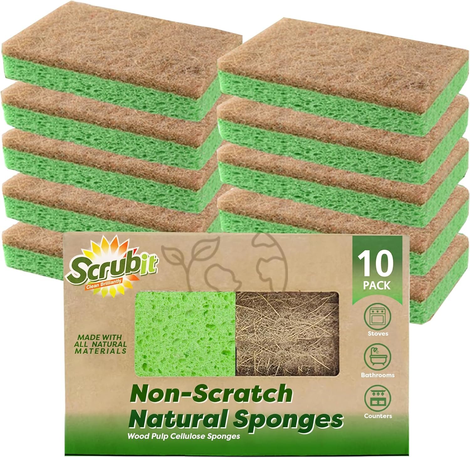 SCRUBIT Natural Sponges – 10 Pack Biodegradable Compostable Cellulose and Coconut Natural Sponges for Dishes, Eco Friendly Non Toxic Kitchen Sponge