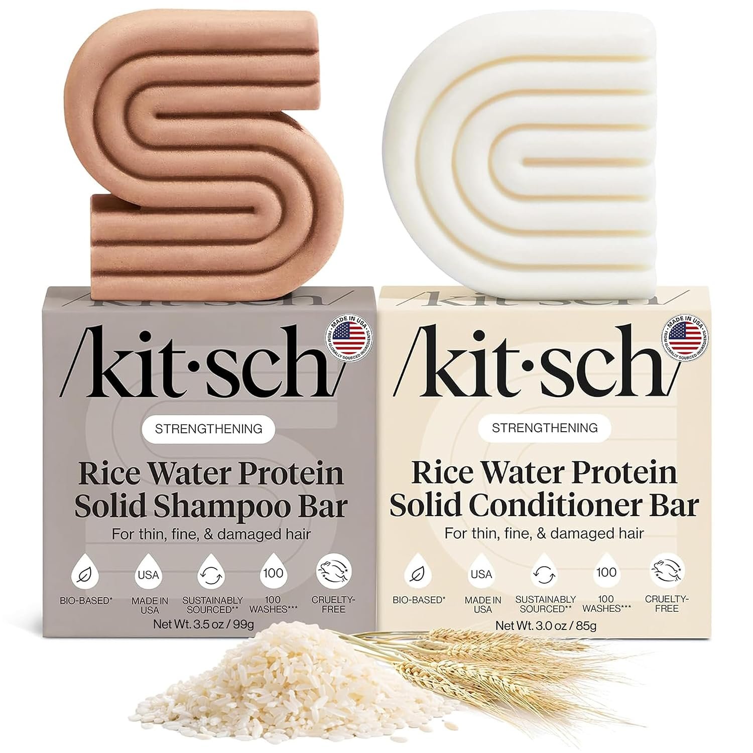 Kitsch Rice Water Solid Shampoo and Conditioner Set for Hair Growth – 2 pcs | Strengthening Hair Care Duo w/ Rice Protein & Vitamins for Damage Repair – Paraben, Sulfate & Silicone Free, Made in USA