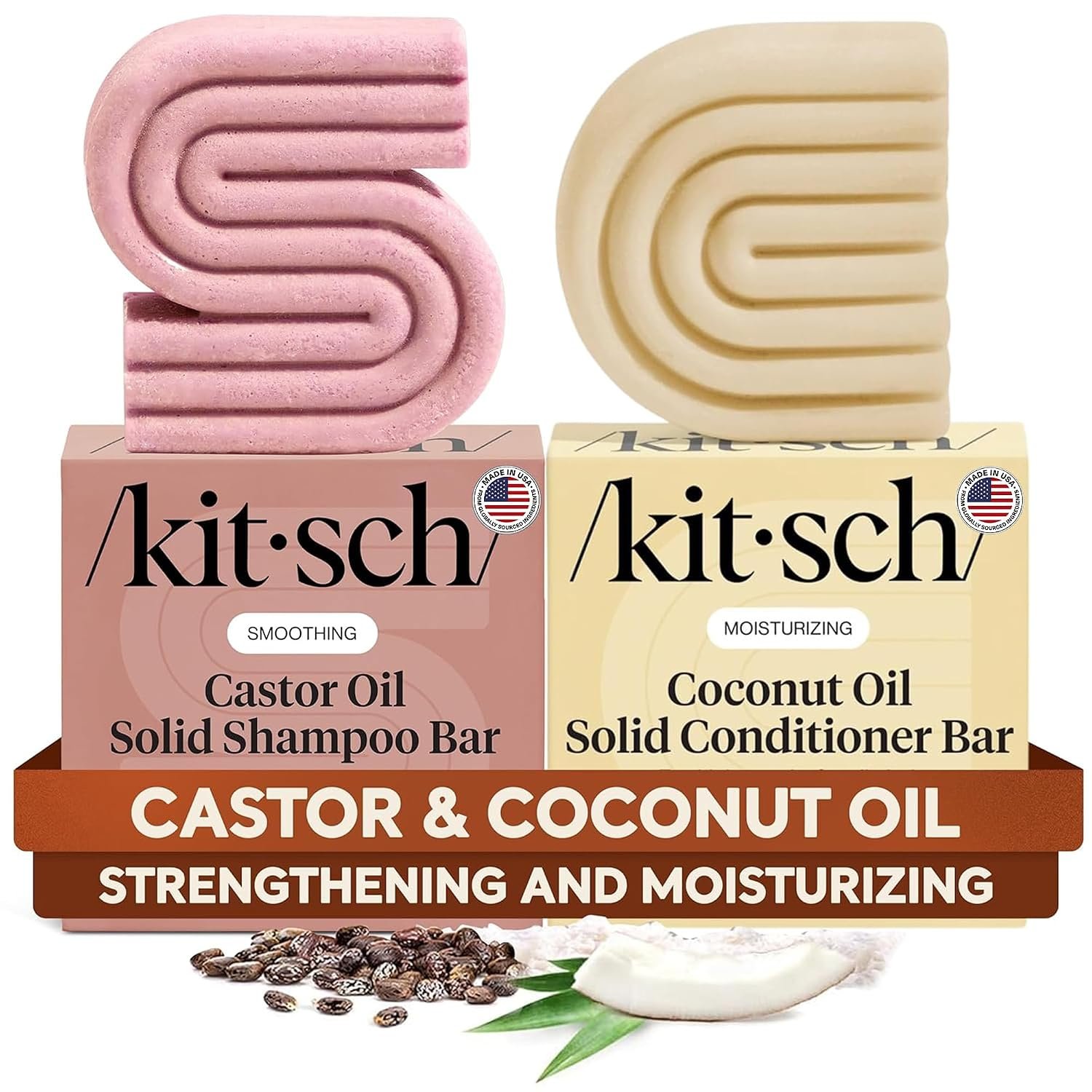 Kitsch Castor Oil Shampoo Bar & Coconut Oil Conditioner Bar – 2pc set | Moisturizing Shampoo and Conditioner Set for Dry, Damaged Hair – Hydrating & Smoothing, Strengthening Hair Care – Made in USA